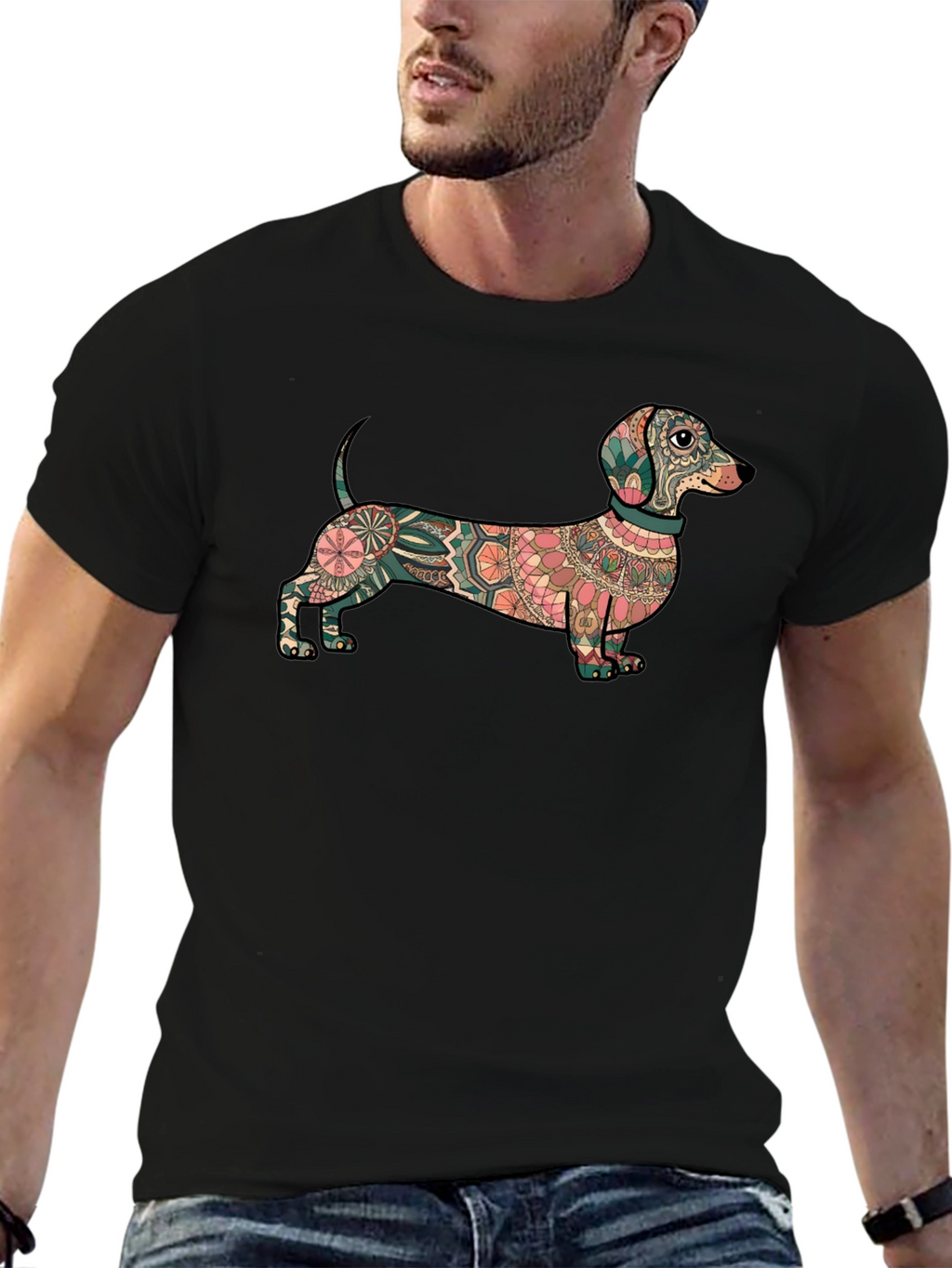 Dachshund Mandala Graphic Tee - Black Cotton T-Shirt