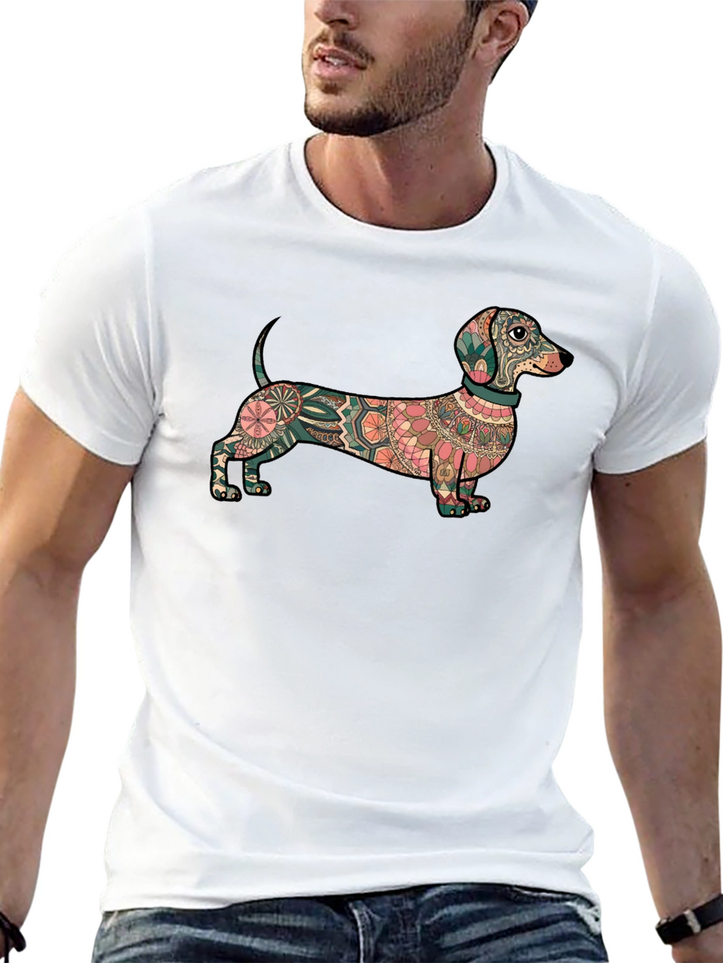Dachshund Mandala Graphic Tee - Black Cotton T-Shirt