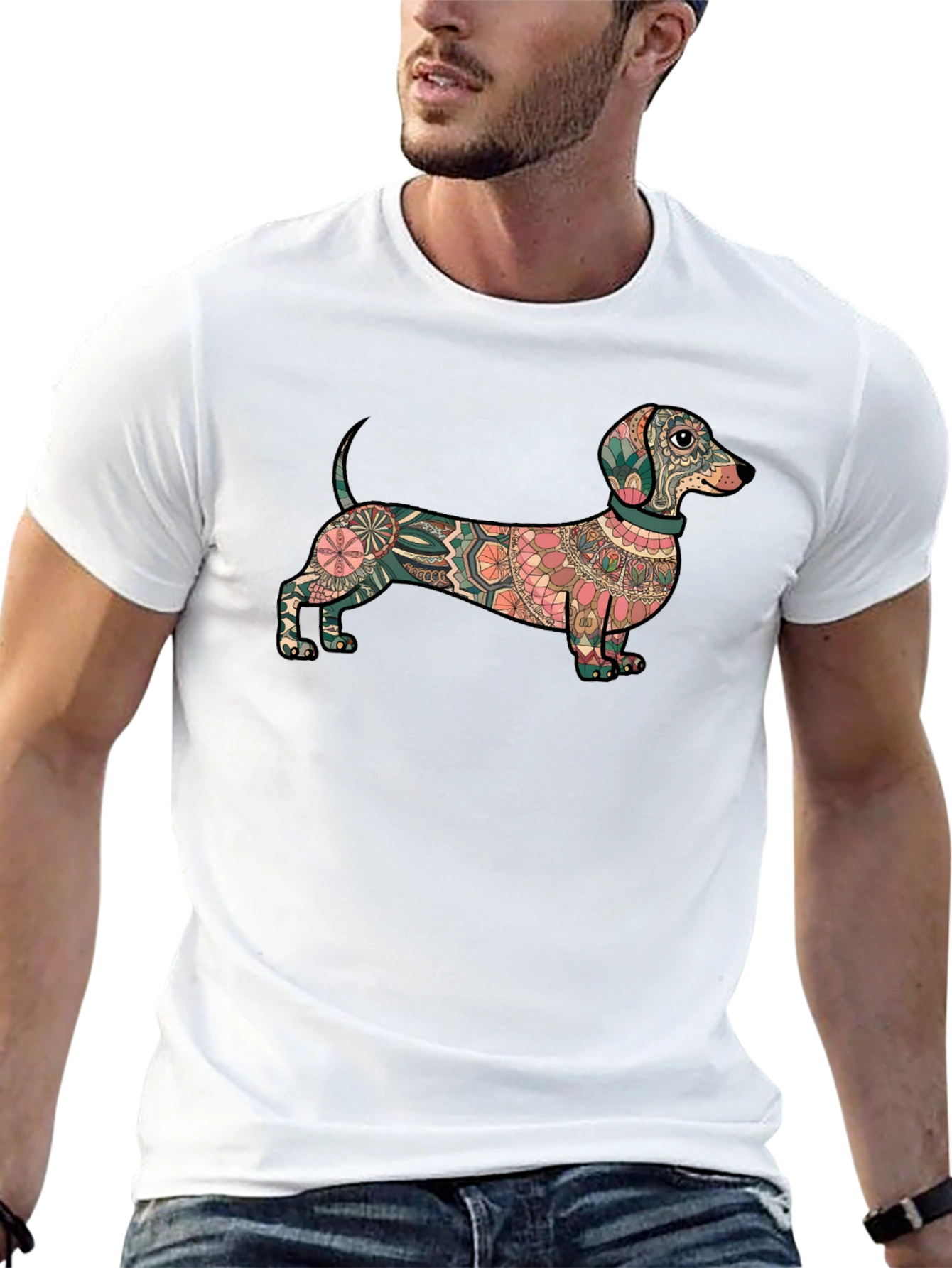 Dachshund Mandala Graphic Tee - Black Cotton T-Shirt