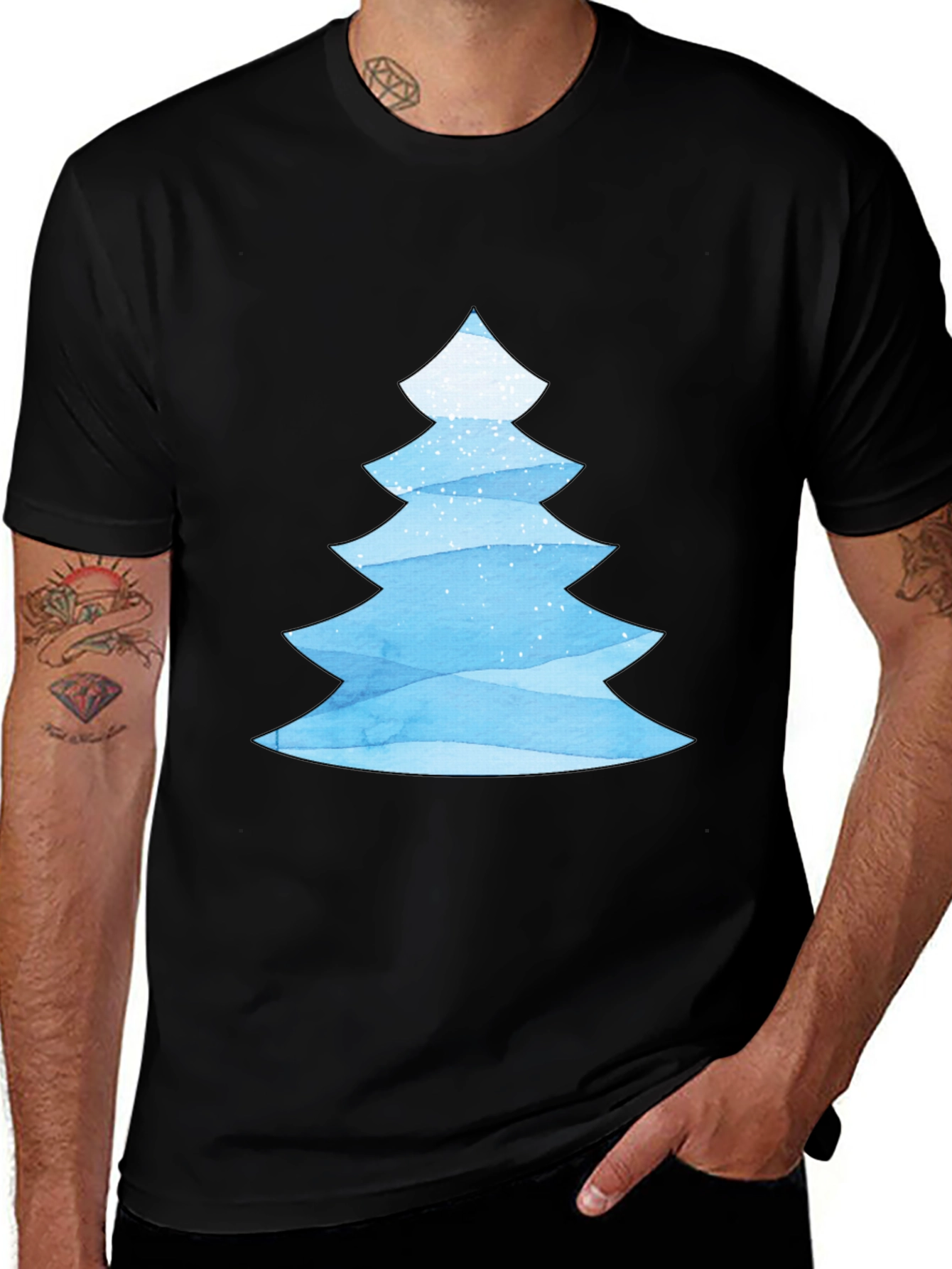 Blue Watercolor Christmas Tree Black T-Shirt