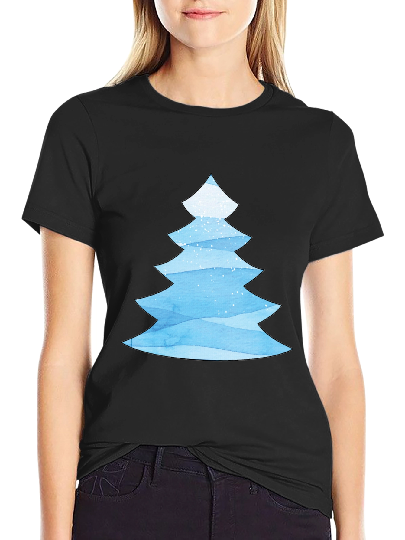 Blue Watercolor Christmas Tree Black T-Shirt