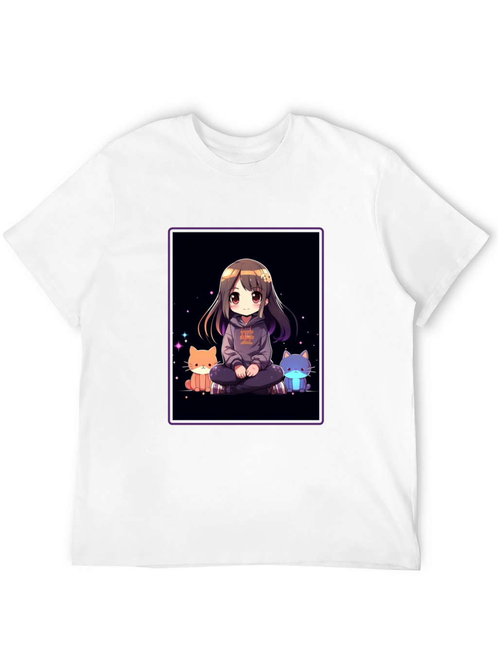 Anime Girl & Cats Black T-Shirt