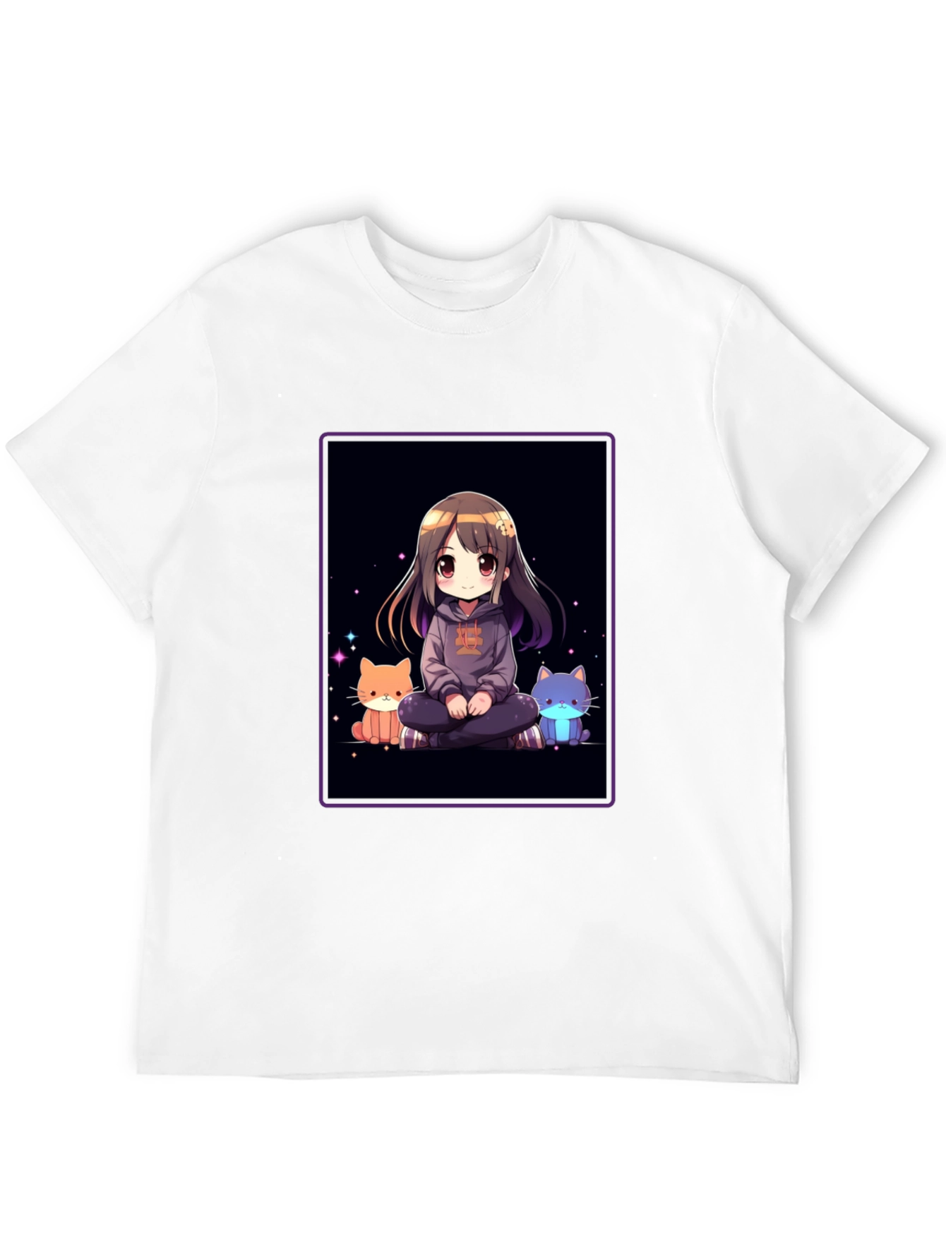 Anime Girl & Cats Black T-Shirt