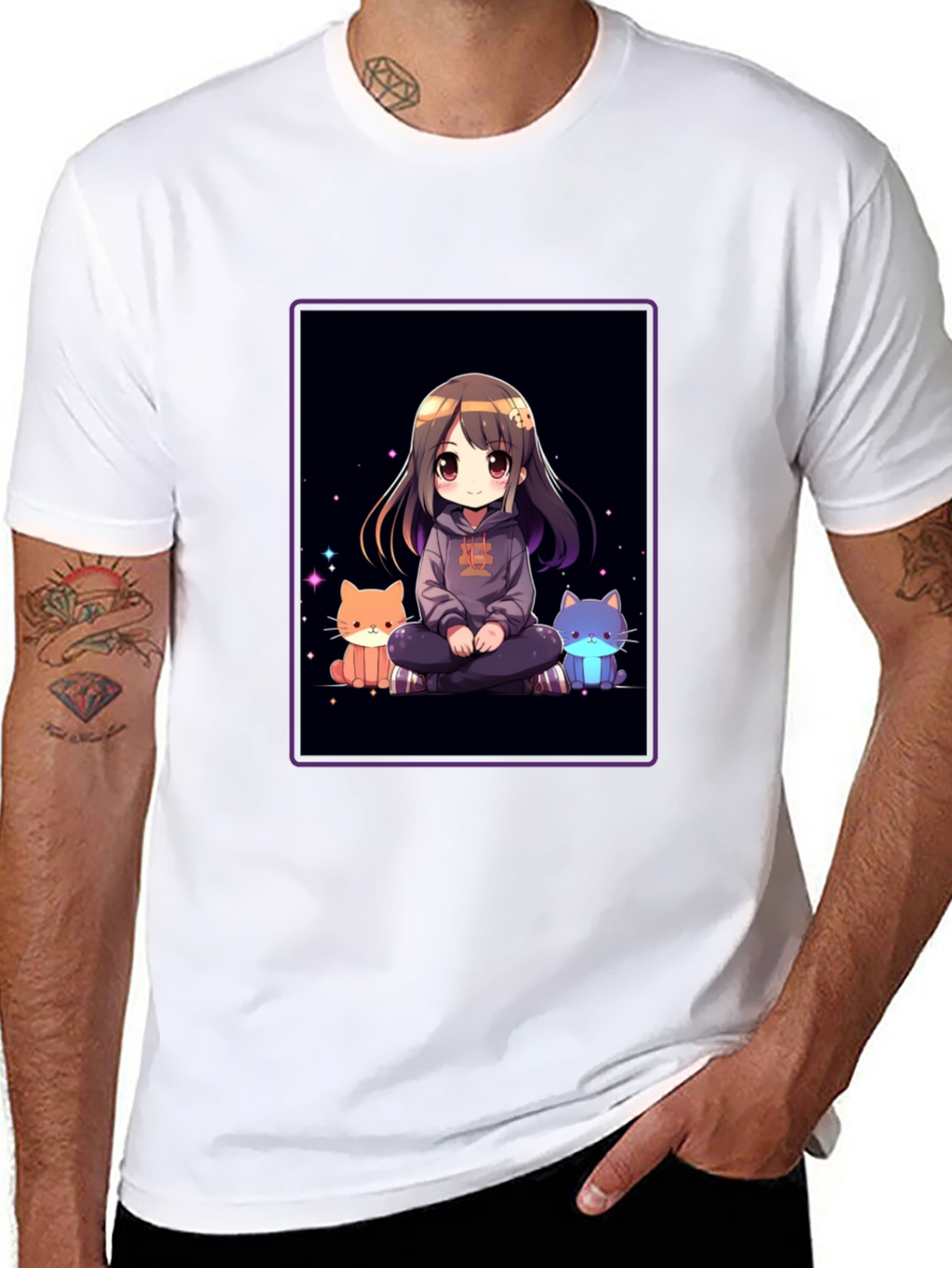 Anime Girl & Cats Black T-Shirt