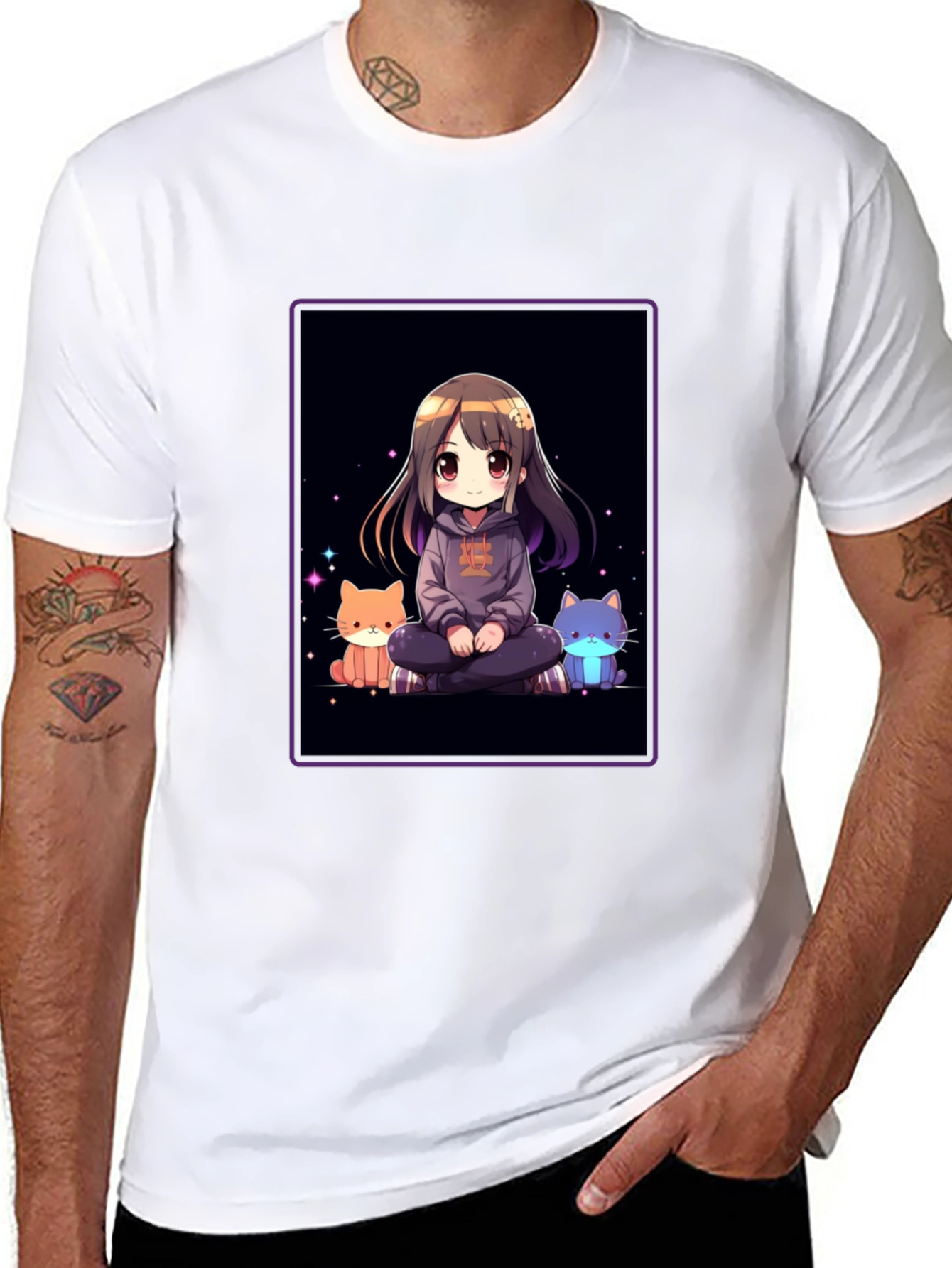 Anime Girl & Cats Black T-Shirt