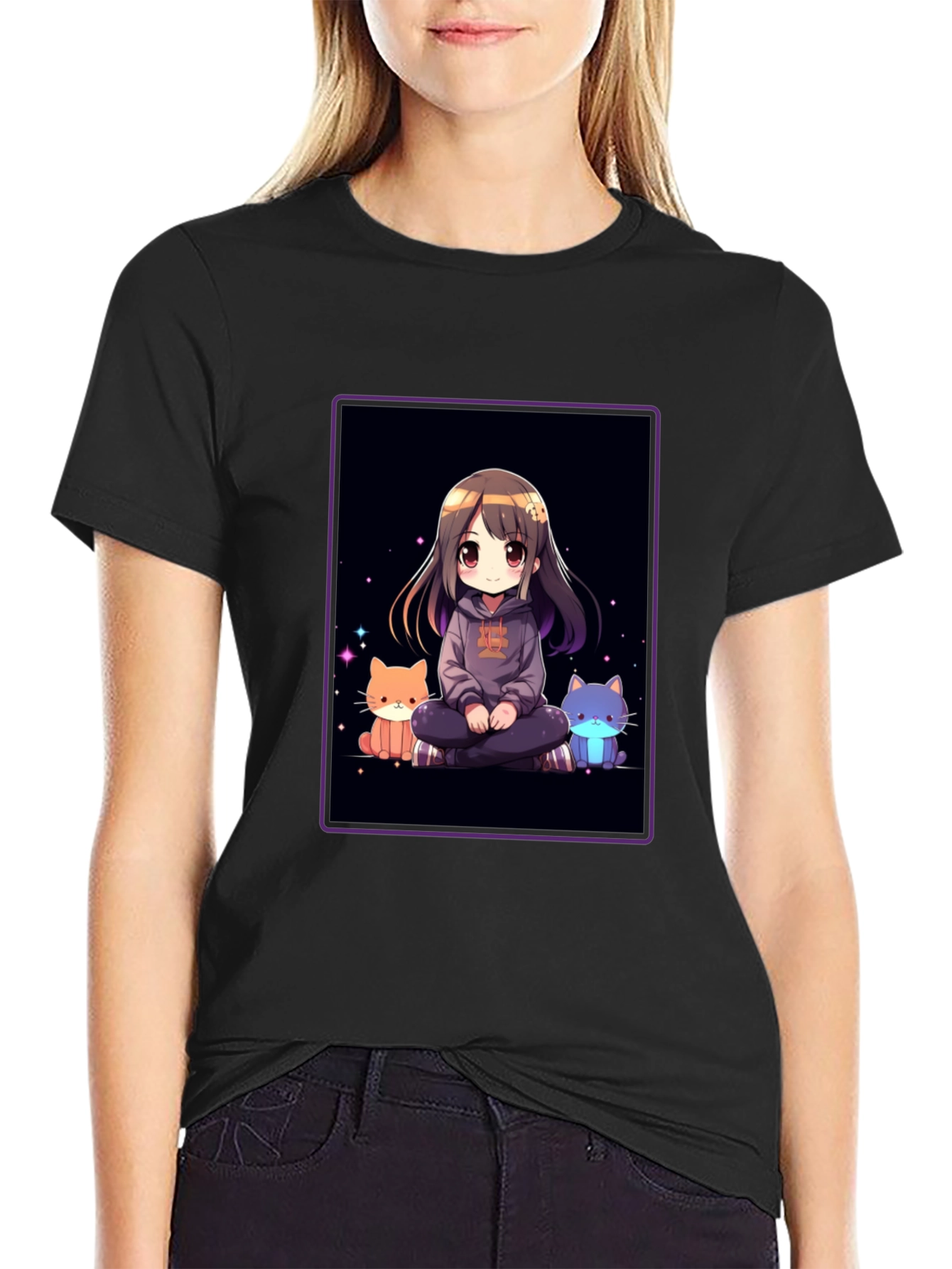 Anime Girl & Cats Black T-Shirt