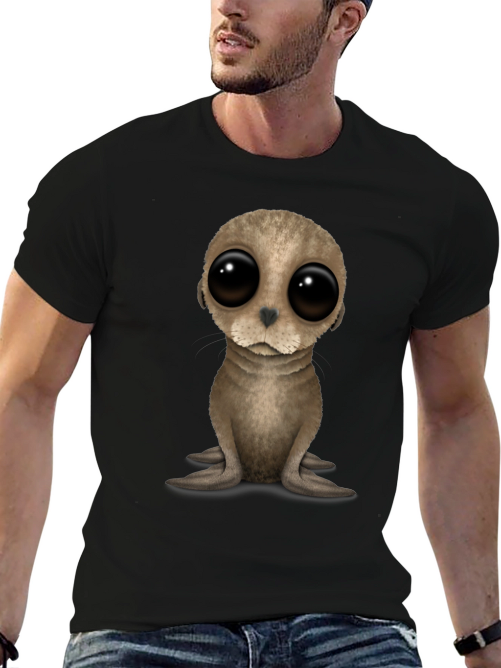 Cute Seal Pup Big Eyes Black T-Shirt