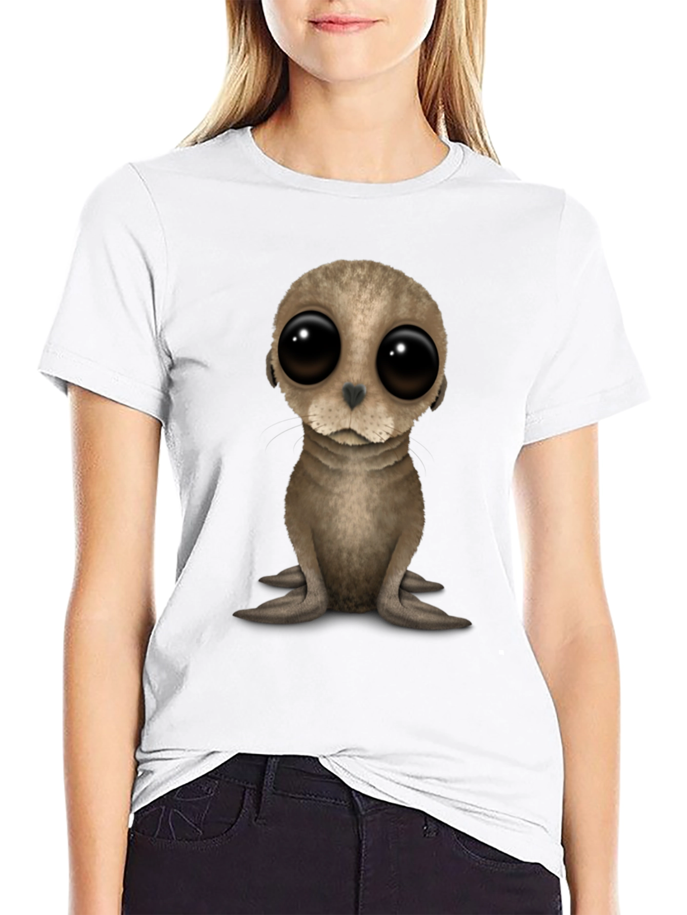 Cute Seal Pup Big Eyes Black T-Shirt