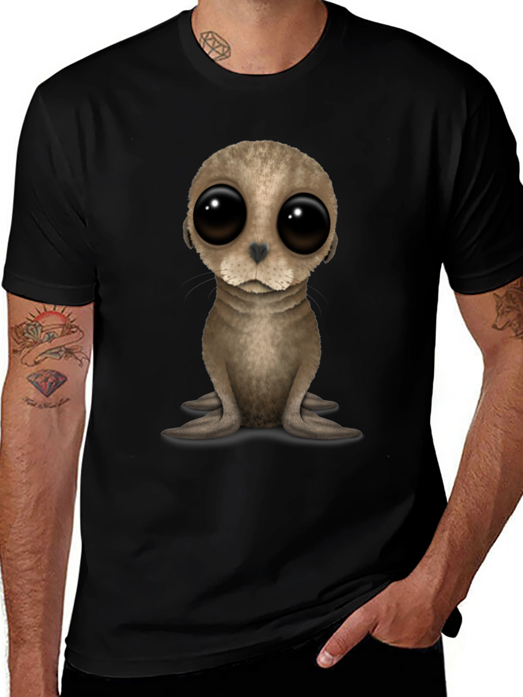Cute Seal Pup Big Eyes Black T-Shirt