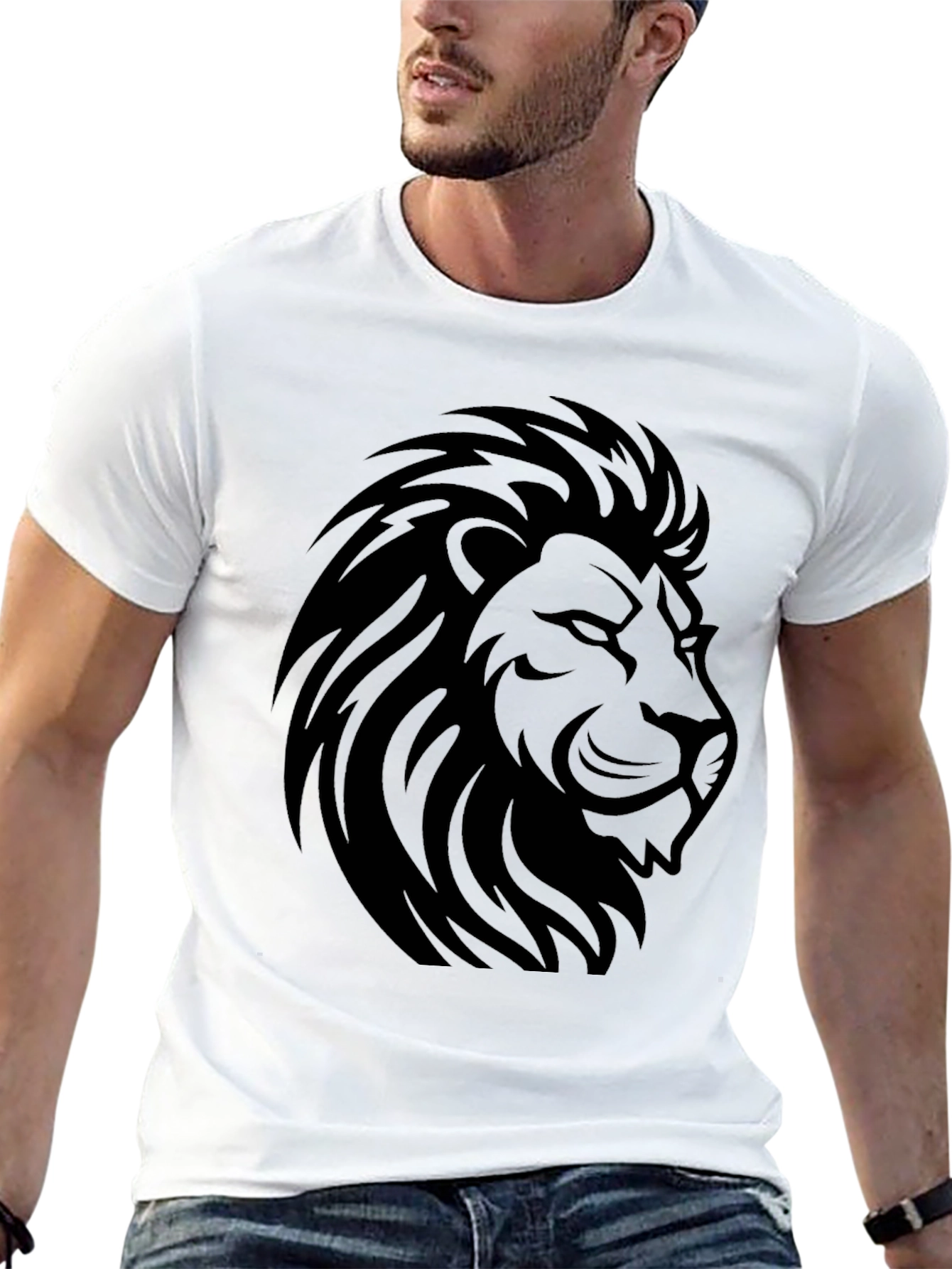 Lion Head Graphic Black T-Shirt - Mens Casual Tee