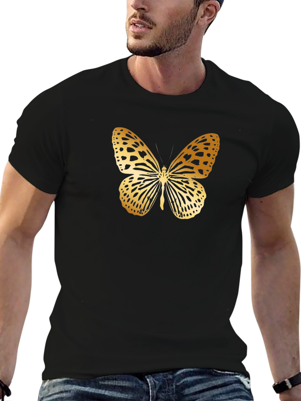 Golden Butterfly Graphic Black T-Shirt