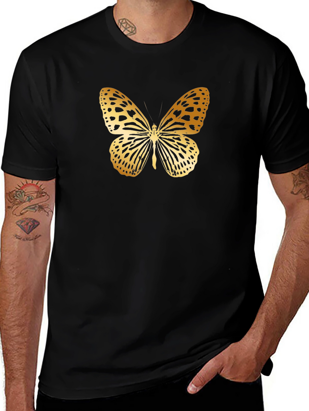 Golden Butterfly Graphic Black T-Shirt