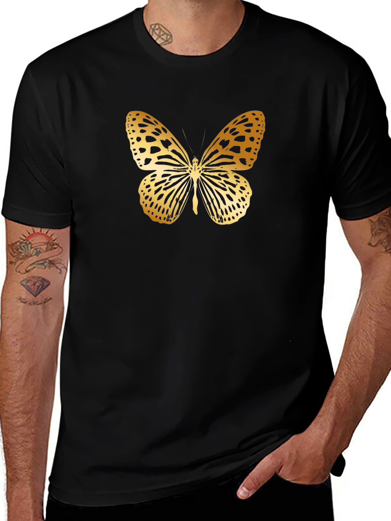 Golden Butterfly Graphic Black T-Shirt