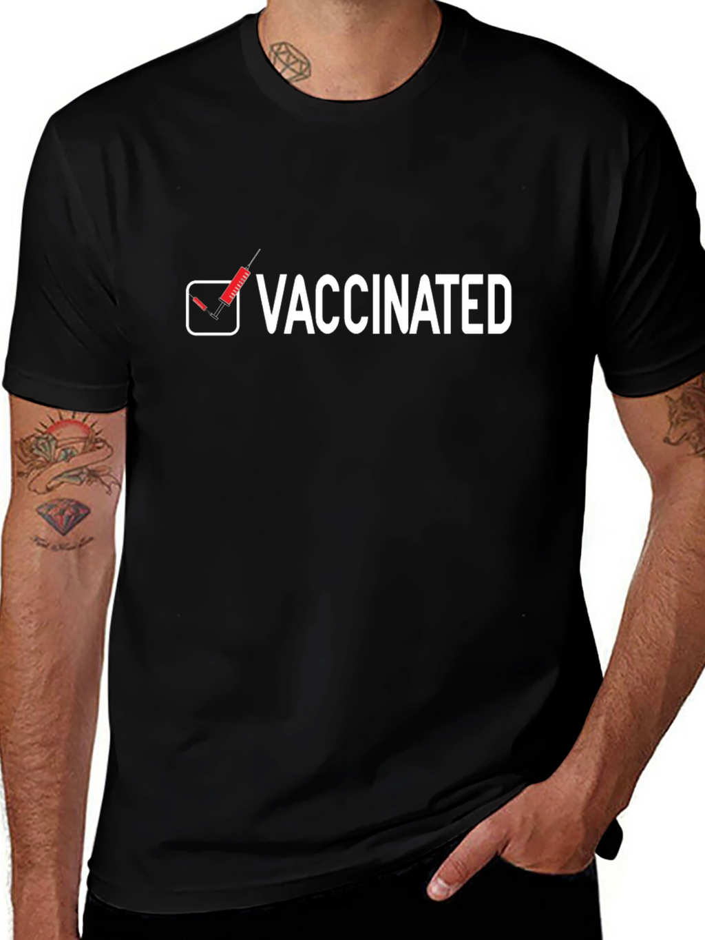 Vaccinated T-Shirt -  Black Crew Neck Top