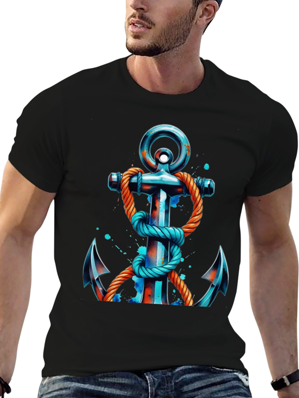 Nautical Anchor Graphic Tee - Black