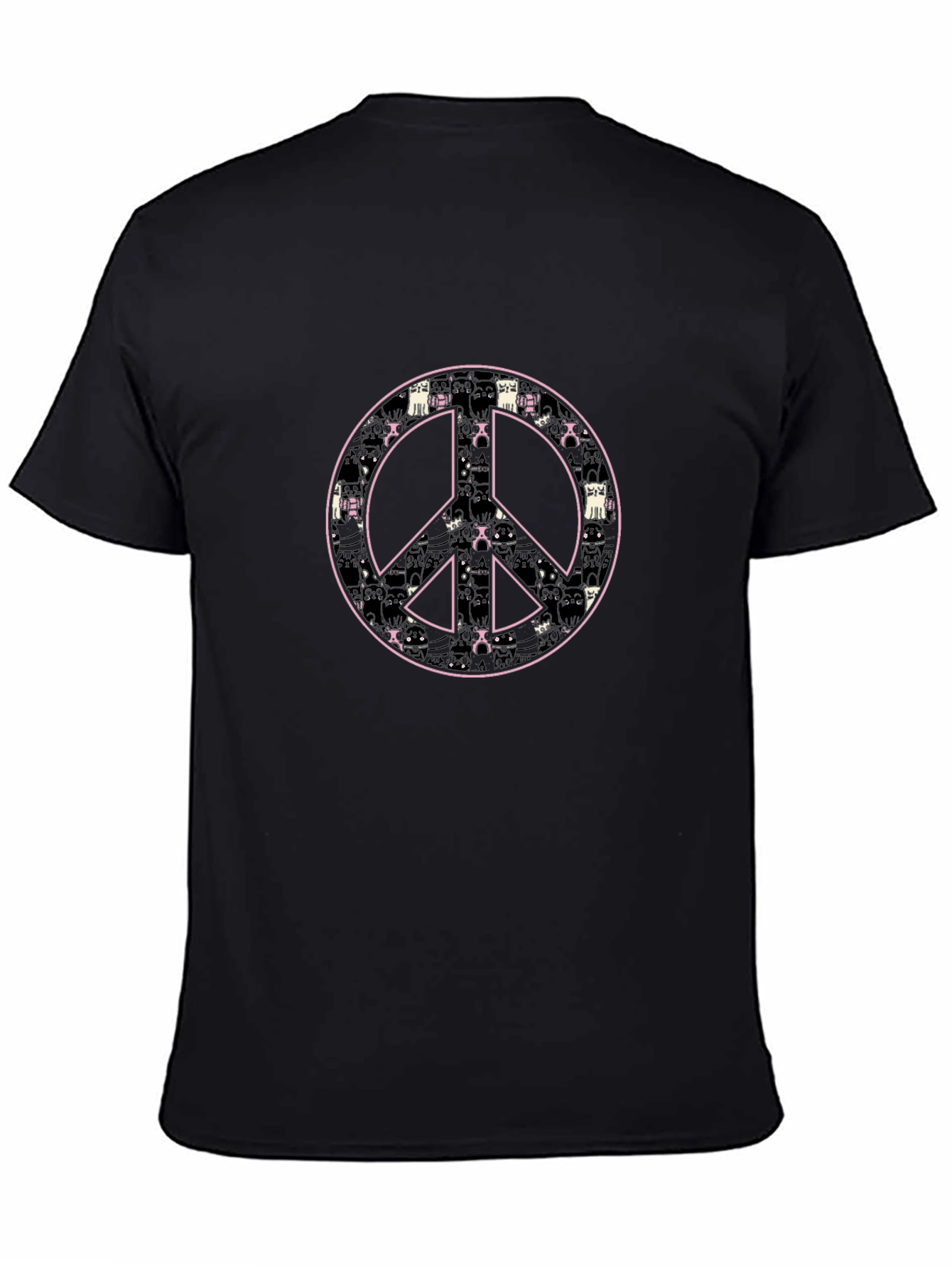 Peace Sign Cat Pattern Black T-Shirt