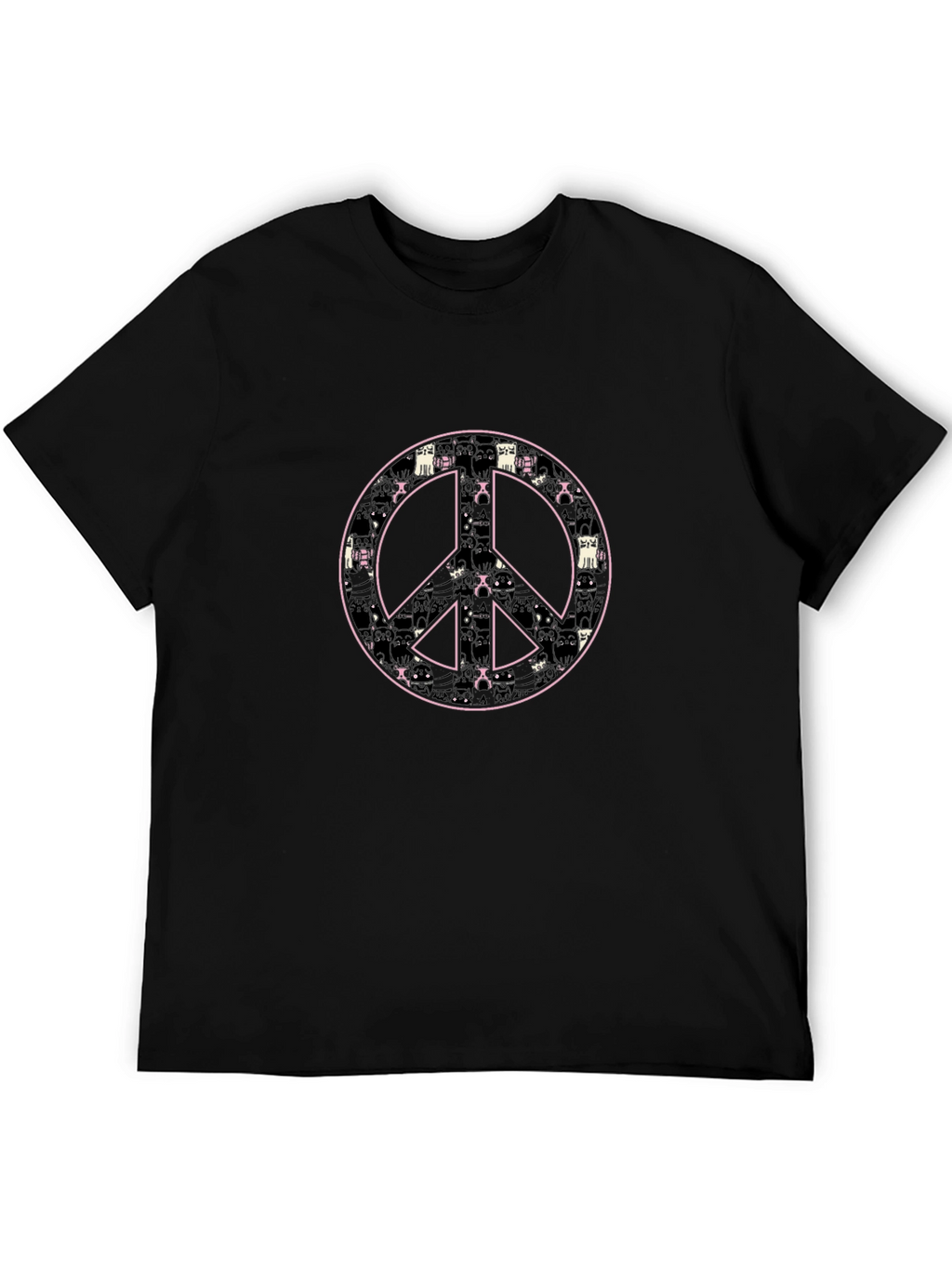 Peace Sign Cat Pattern Black T-Shirt