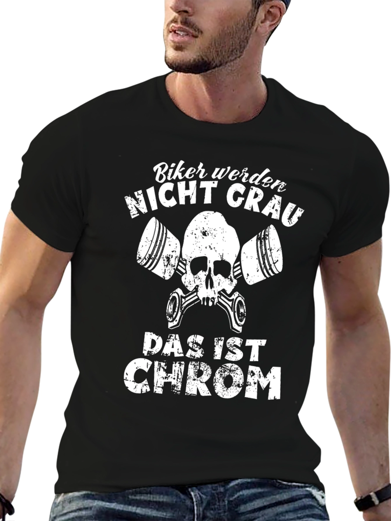Biker Nicht Grau T-Shirt - Chrome Skull Tee
