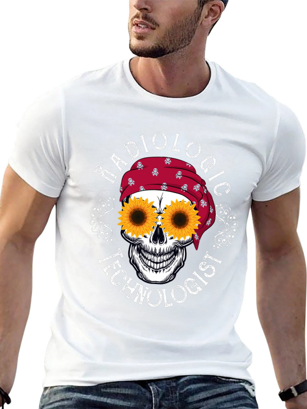 Radiologic Technologist Sunflower Skull Graphic T-Shirt