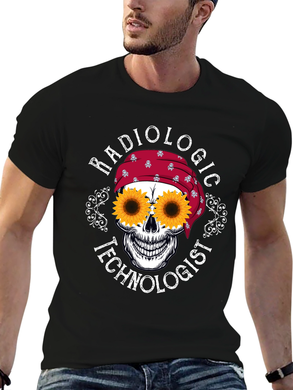 Radiologic Technologist Sunflower Skull Graphic T-Shirt