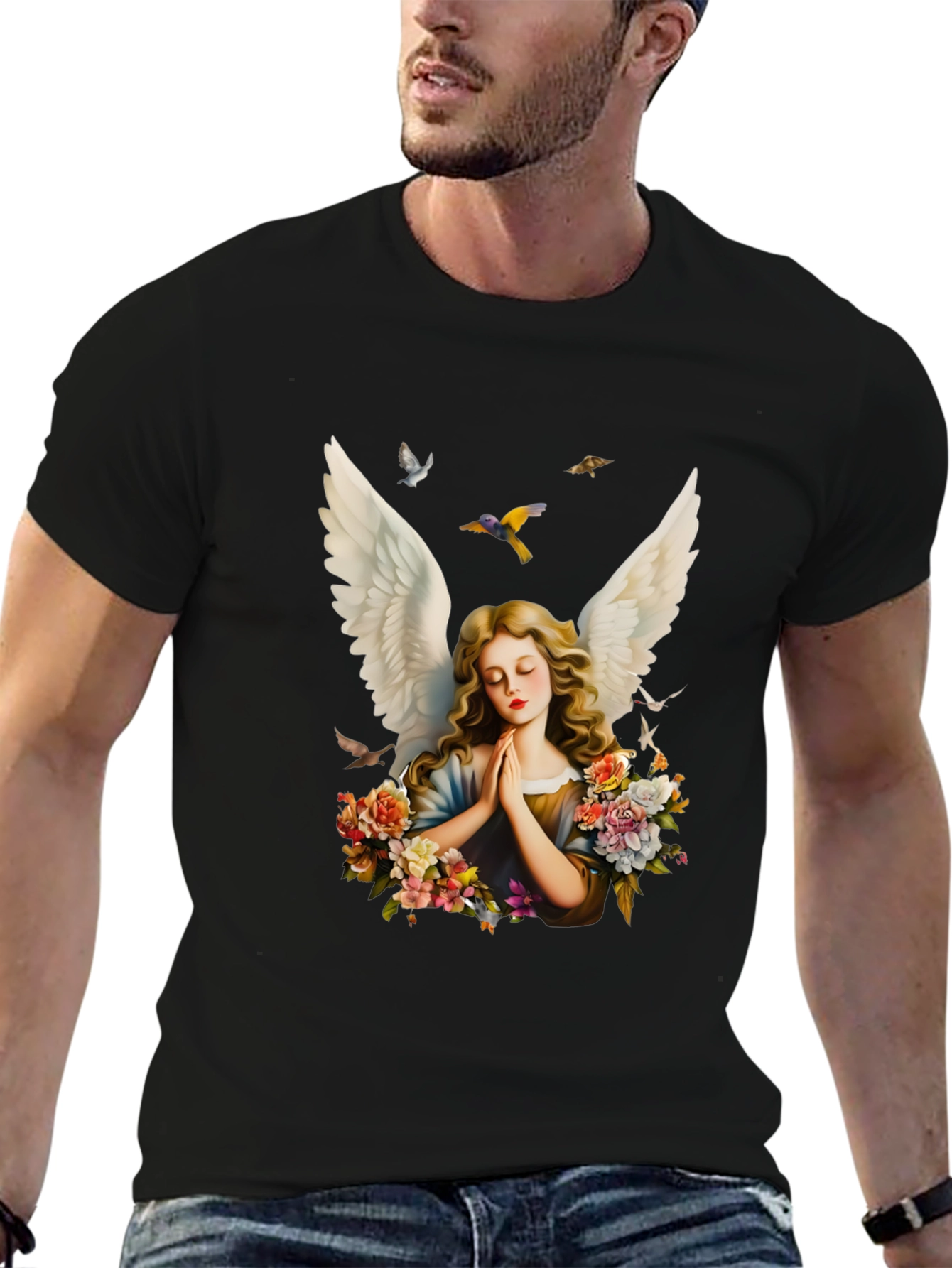 Angel Wings Floral Black T-Shirt