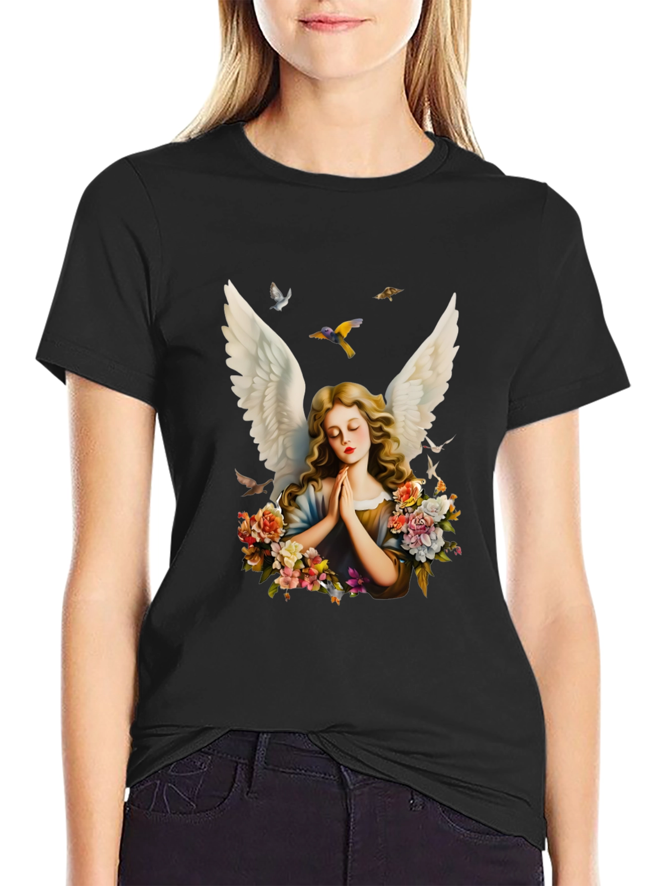 Angel Wings Floral Black T-Shirt
