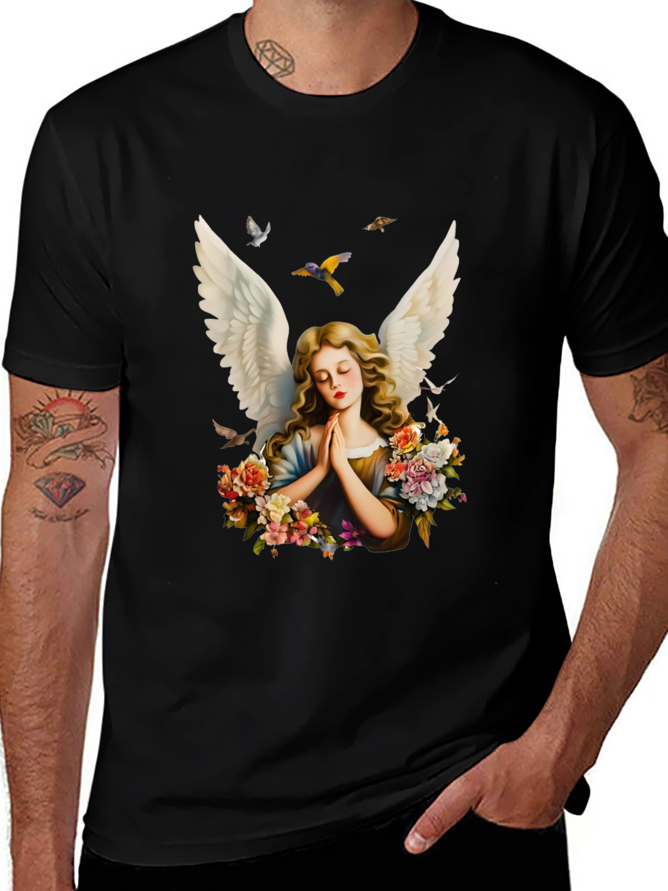 Angel Wings Floral Black T-Shirt