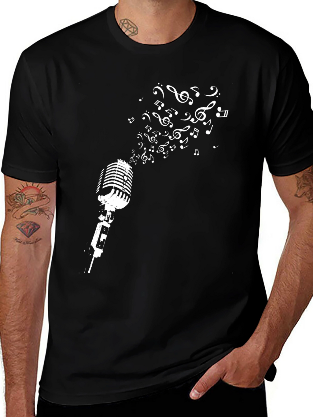 Retro Microphone & Music Notes Graphic Tee - Black
