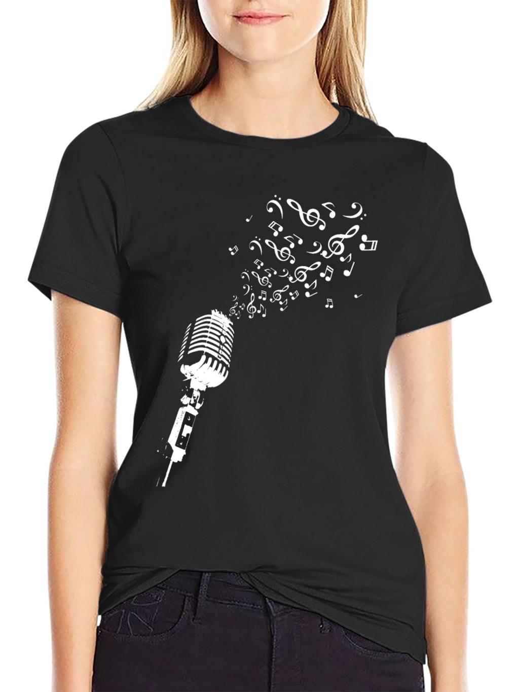 Retro Microphone & Music Notes Graphic Tee - Black