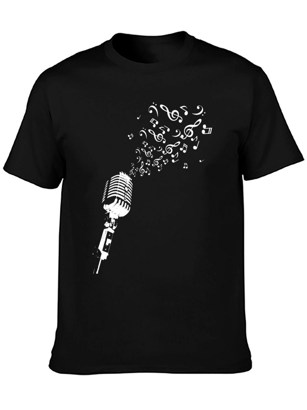 Retro Microphone & Music Notes Graphic Tee - Black