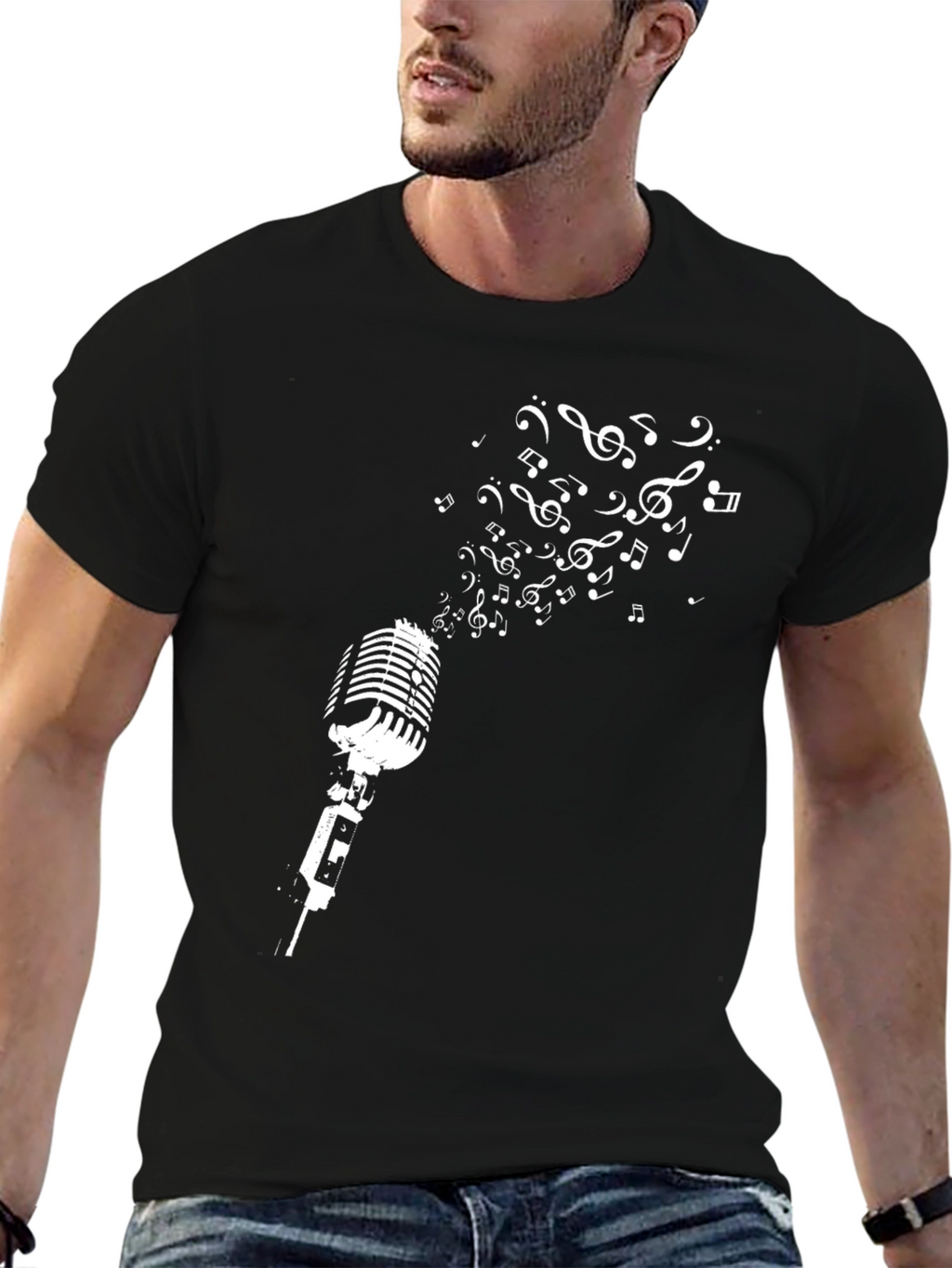 Retro Microphone & Music Notes Graphic Tee - Black