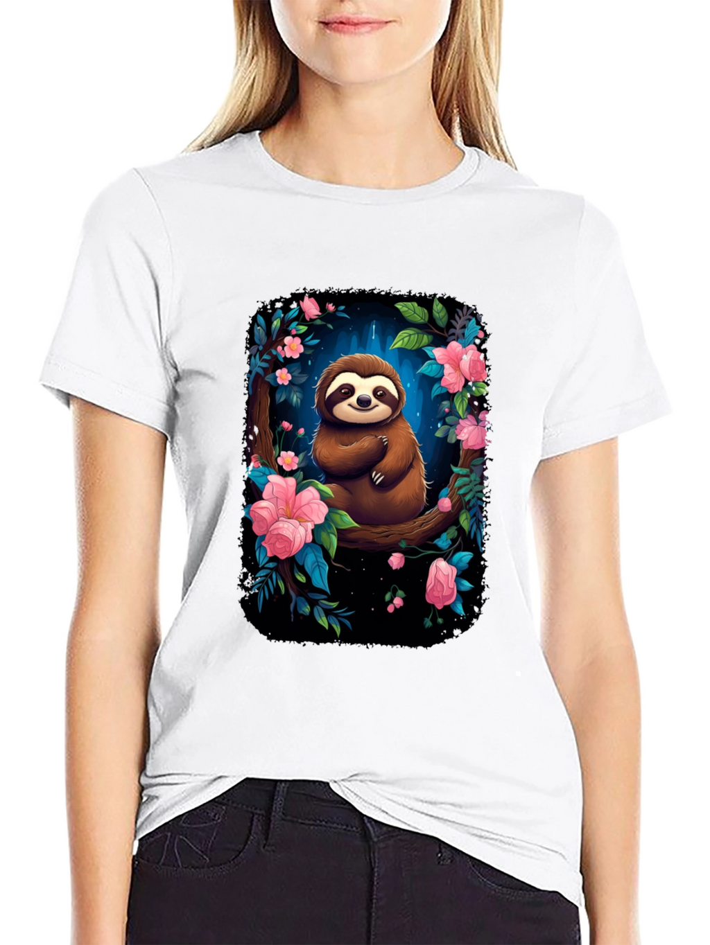 Sloth Floral Graphic Black T-Shirt