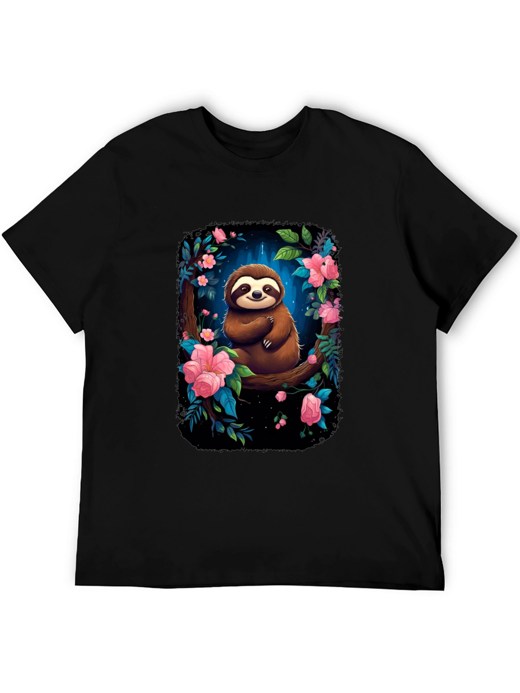 Sloth Floral Graphic Black T-Shirt