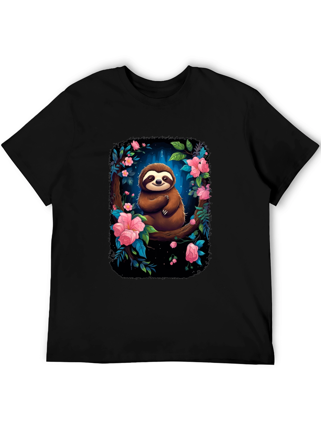 Sloth Floral Graphic Black T-Shirt