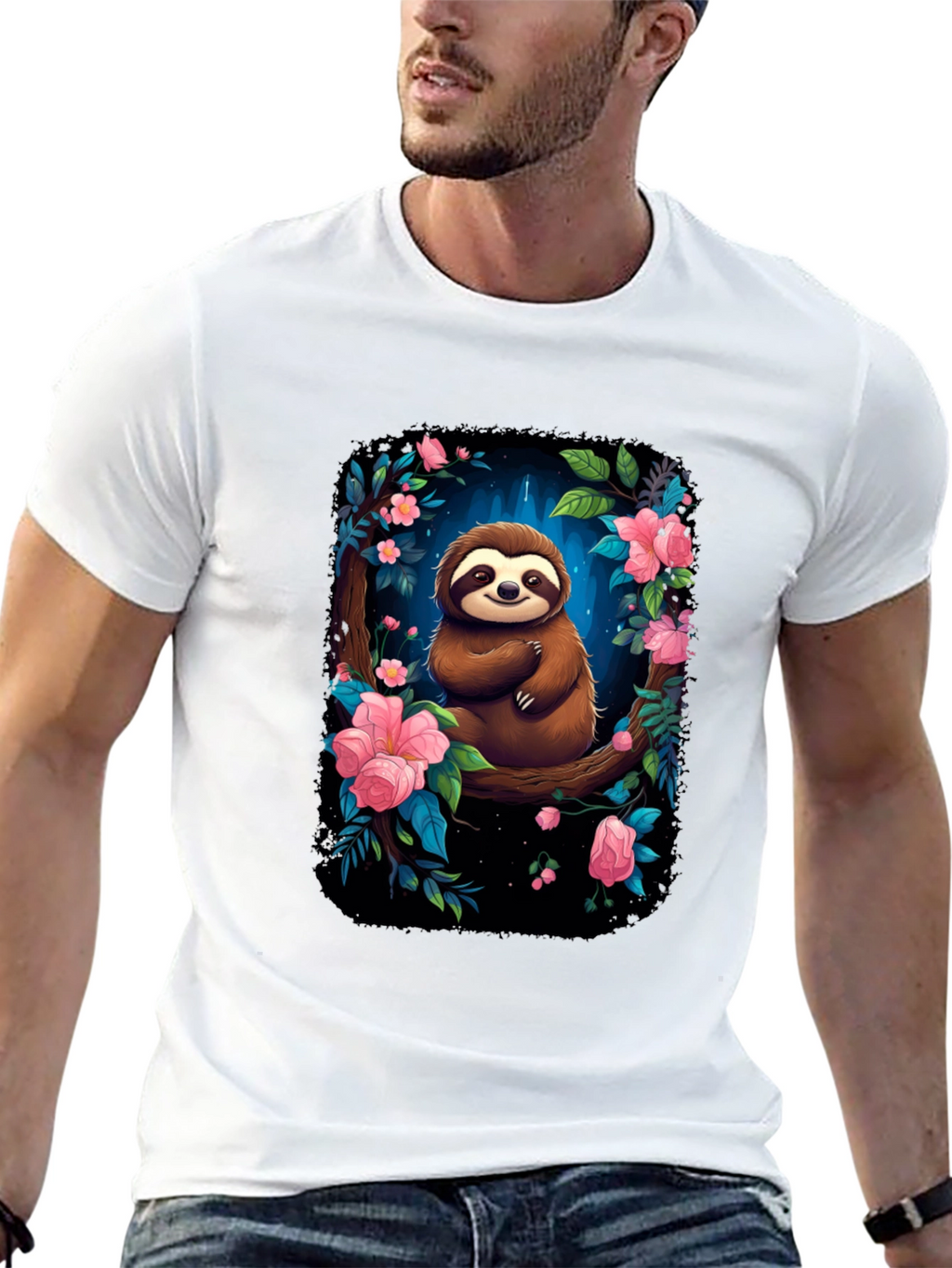 Sloth Floral Graphic Black T-Shirt