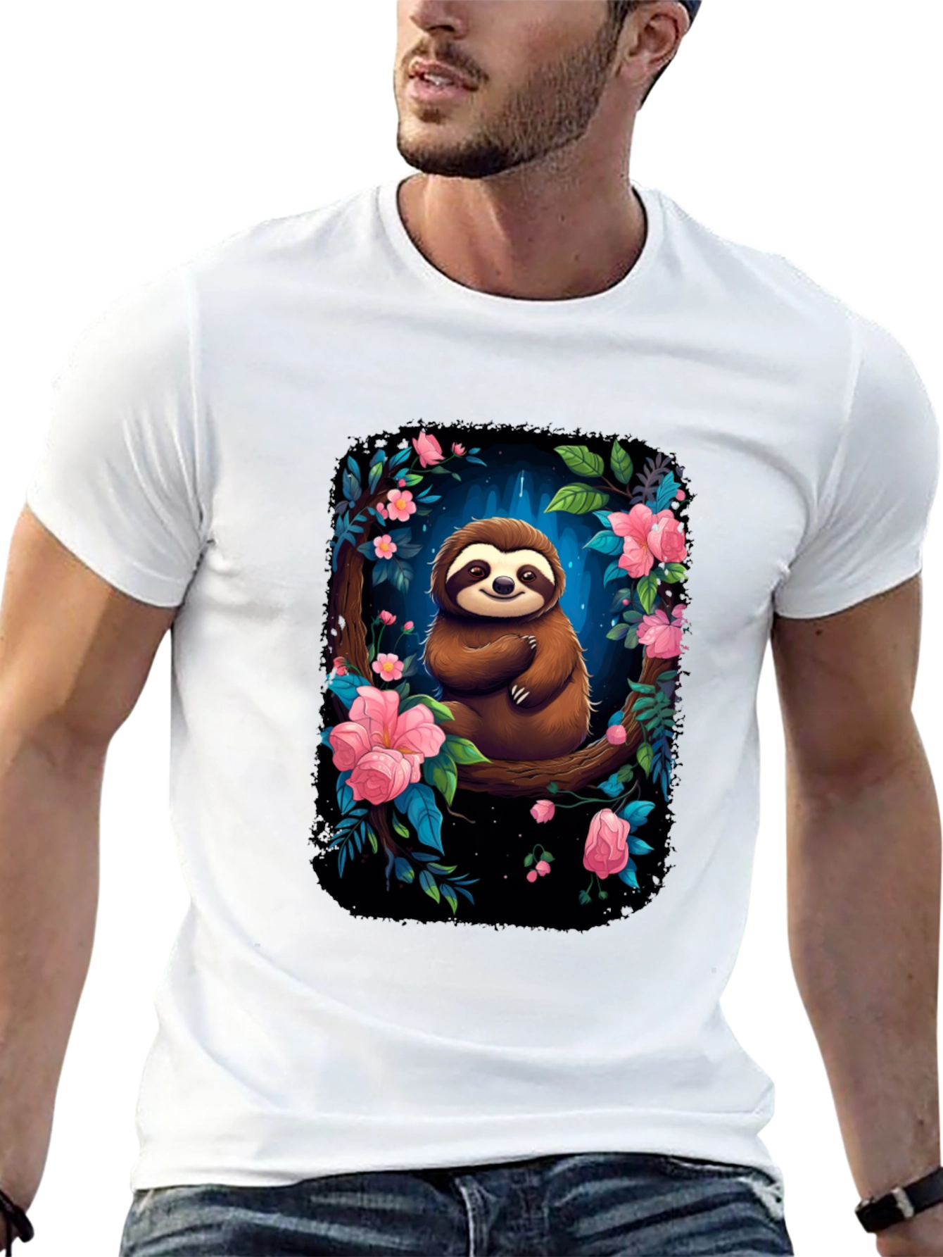 Sloth Floral Graphic Black T-Shirt