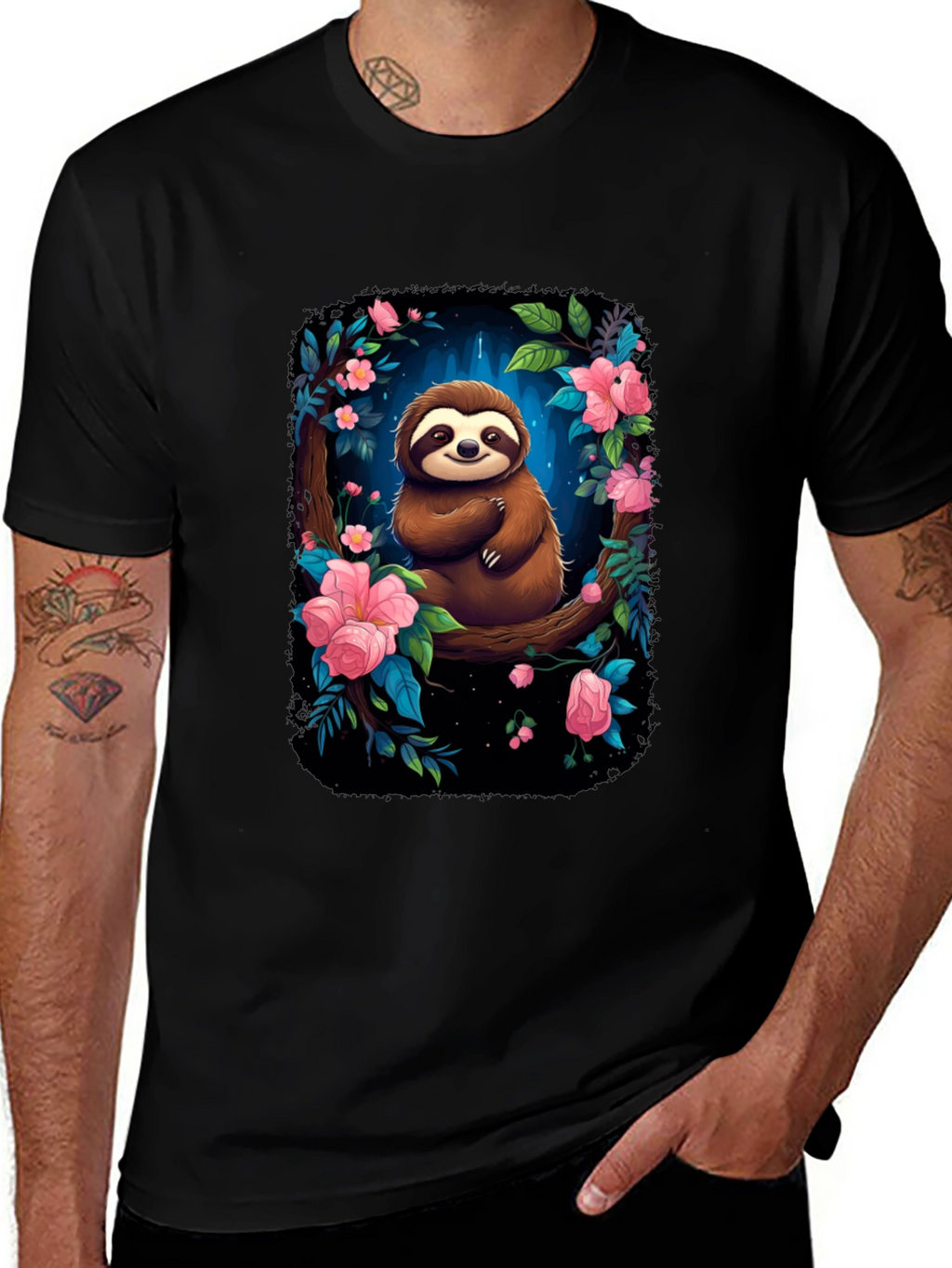 Sloth Floral Graphic Black T-Shirt