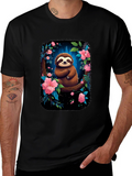 Sloth Floral Graphic Black T-Shirt