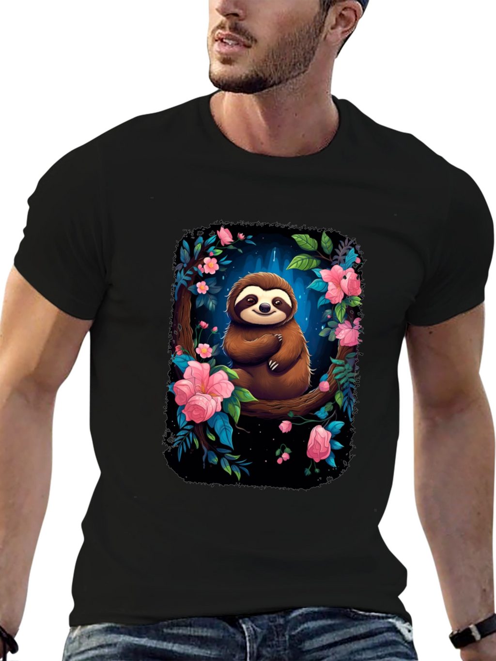 Sloth Floral Graphic Black T-Shirt