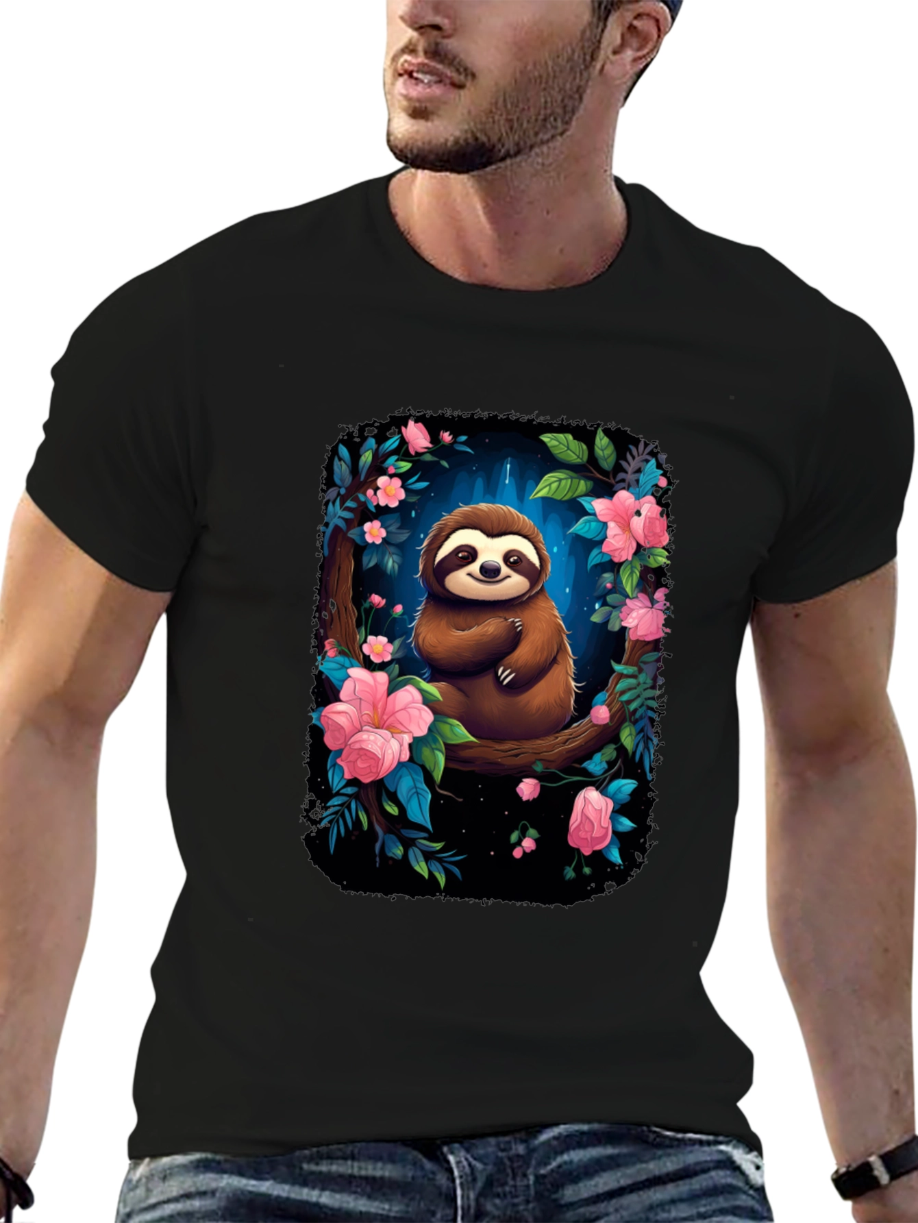 Sloth Floral Graphic Black T-Shirt