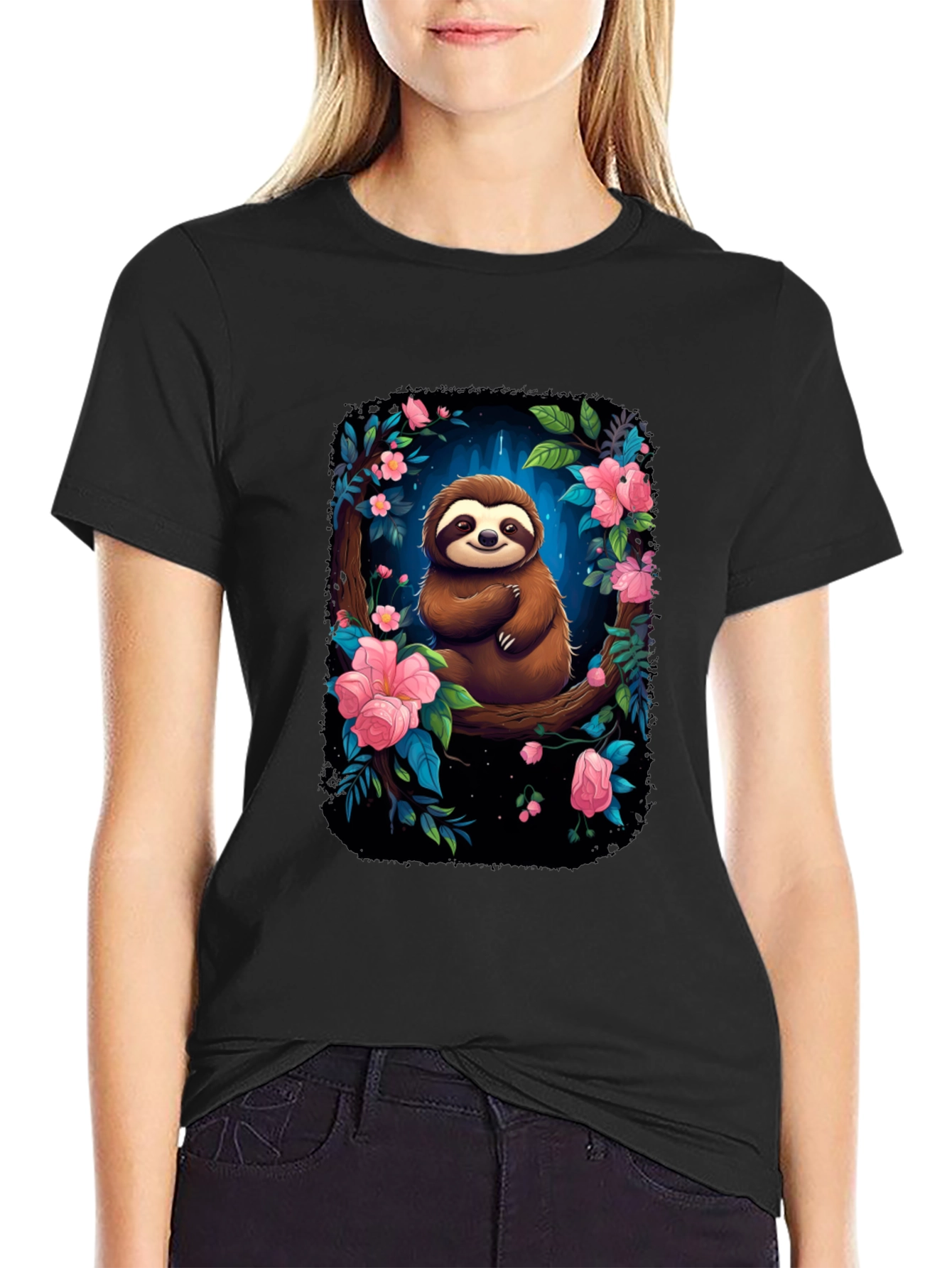 Sloth Floral Graphic Black T-Shirt