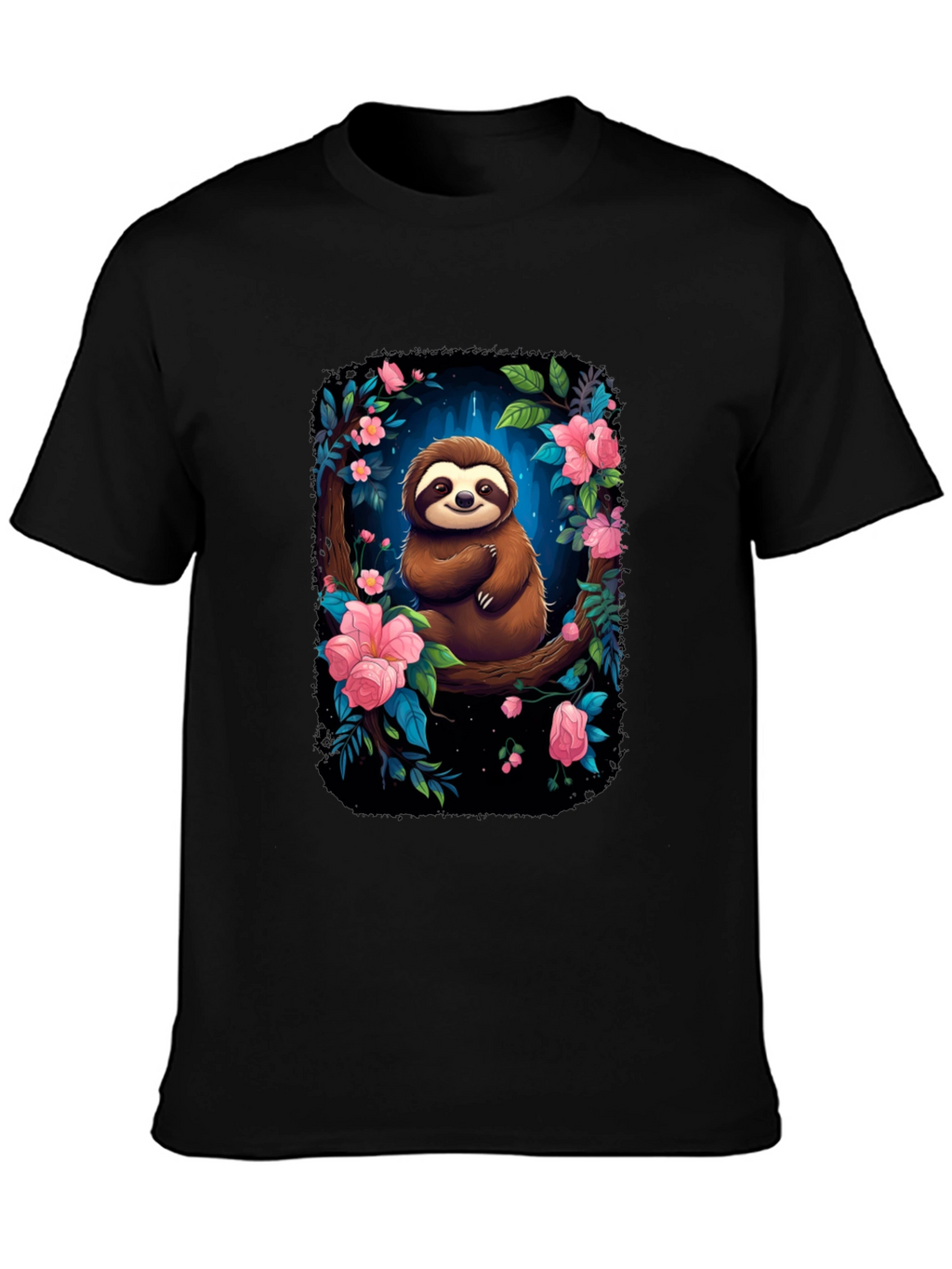 Sloth Floral Graphic Black T-Shirt