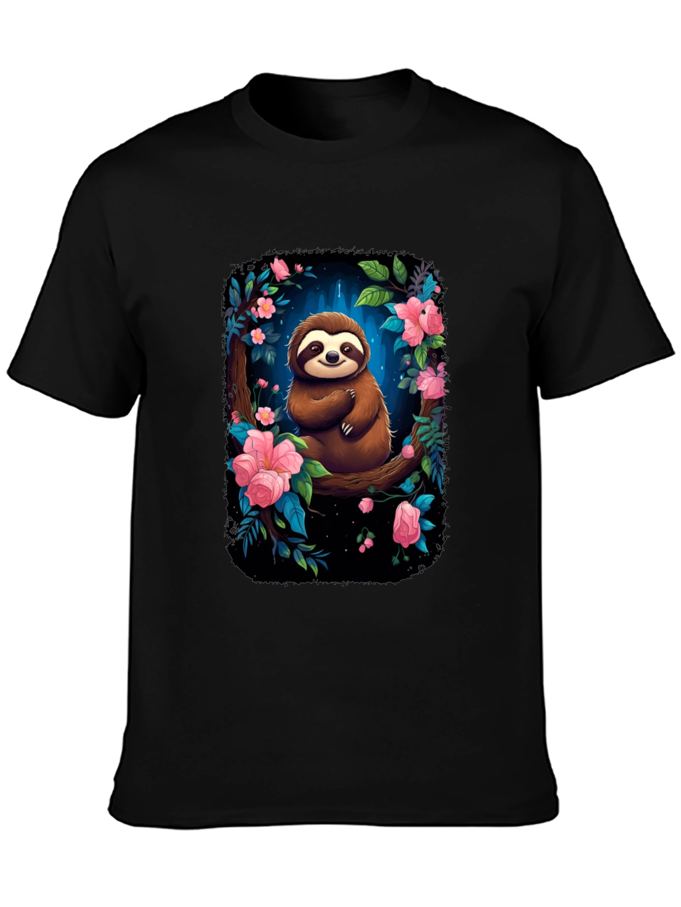 Sloth Floral Graphic Black T-Shirt