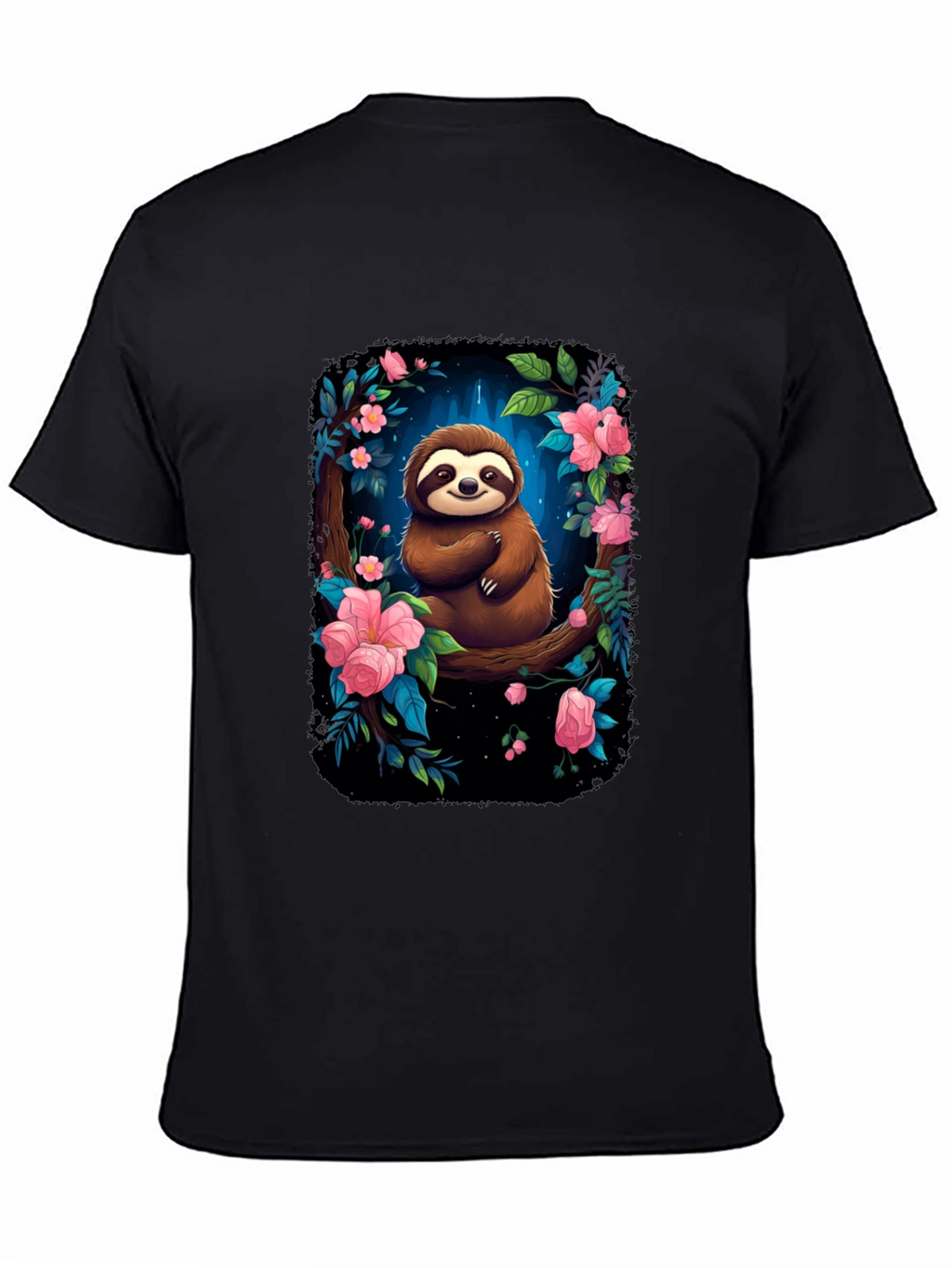 Sloth Floral Graphic Black T-Shirt