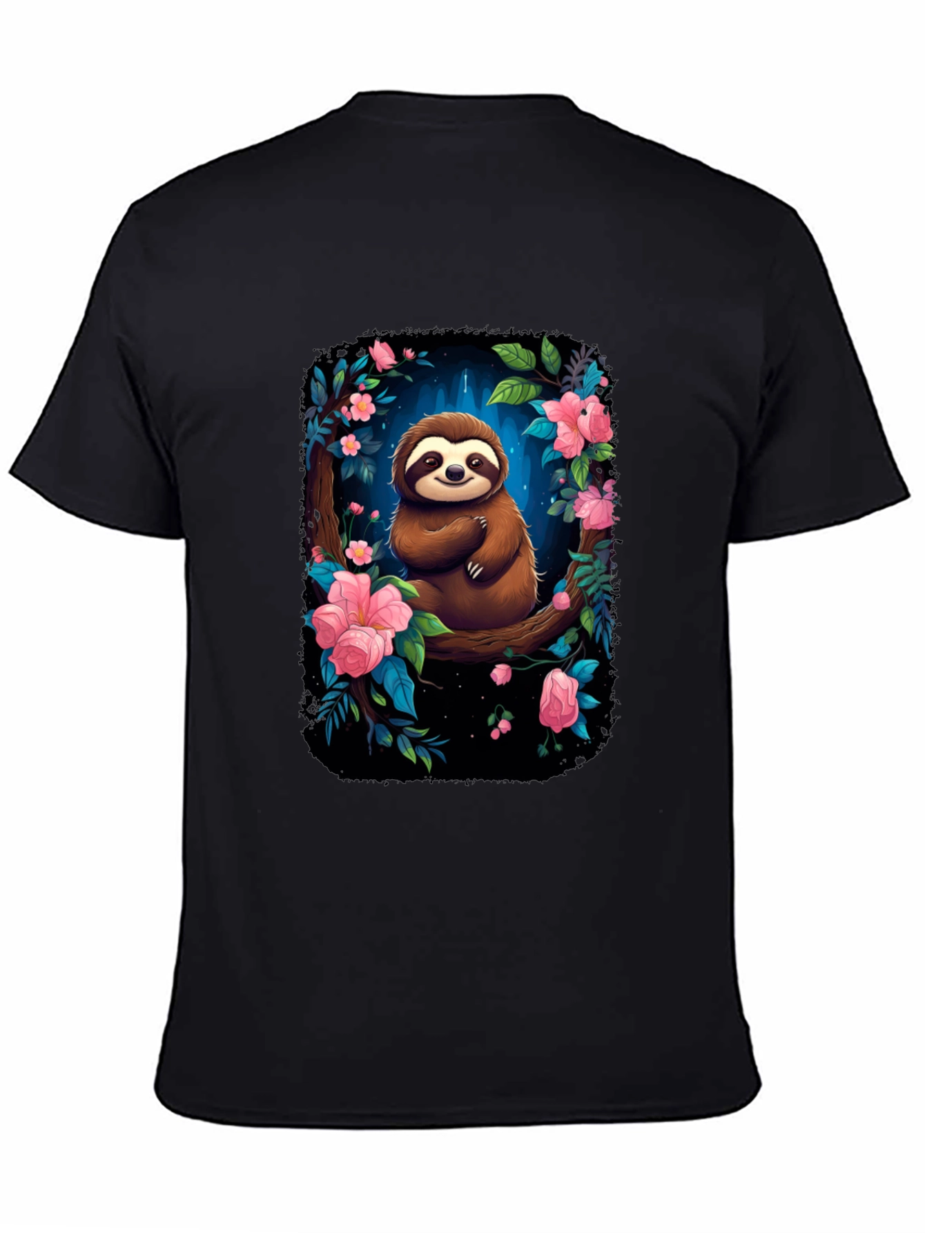 Sloth Floral Graphic Black T-Shirt