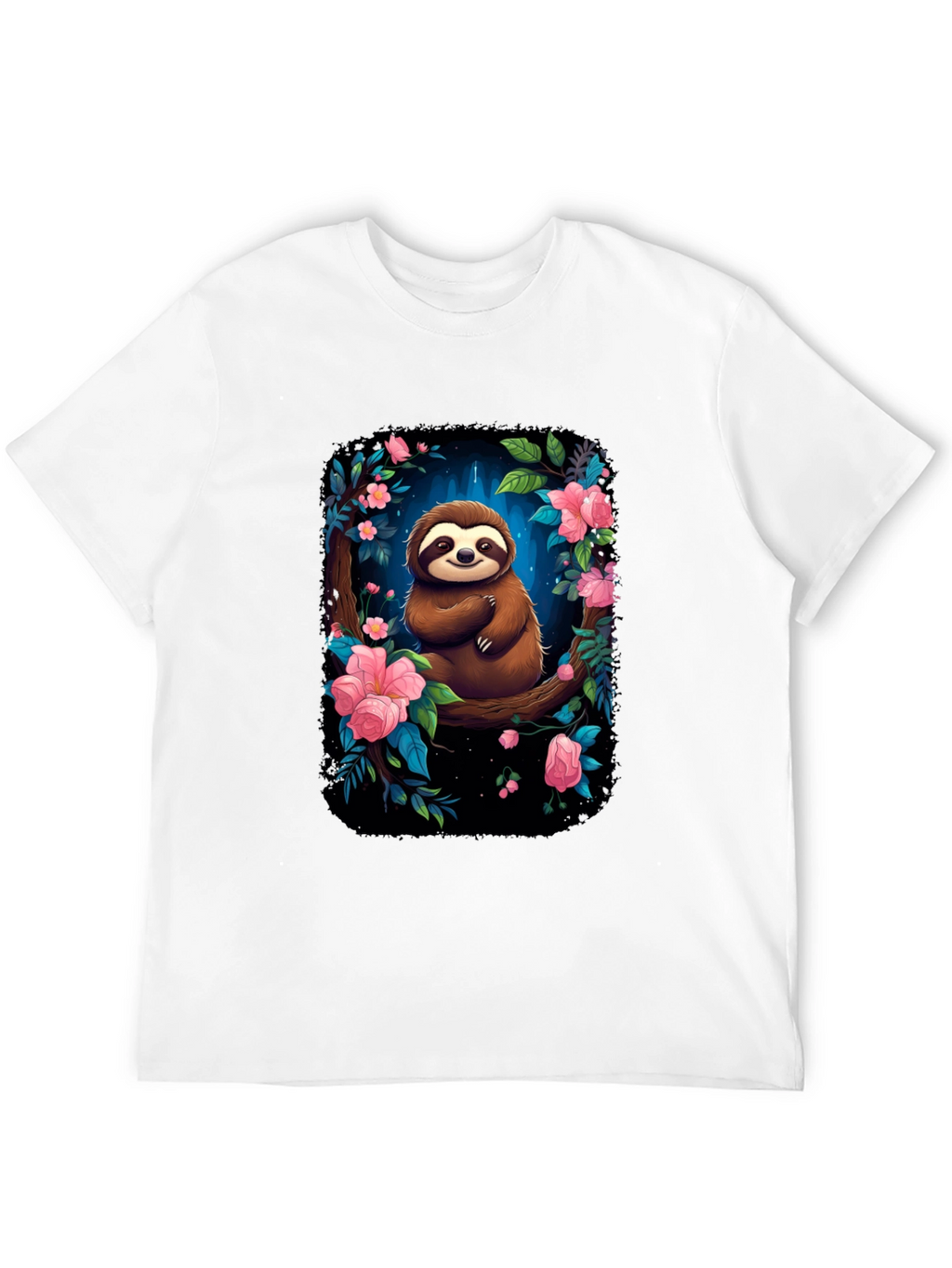 Sloth Floral Graphic Black T-Shirt