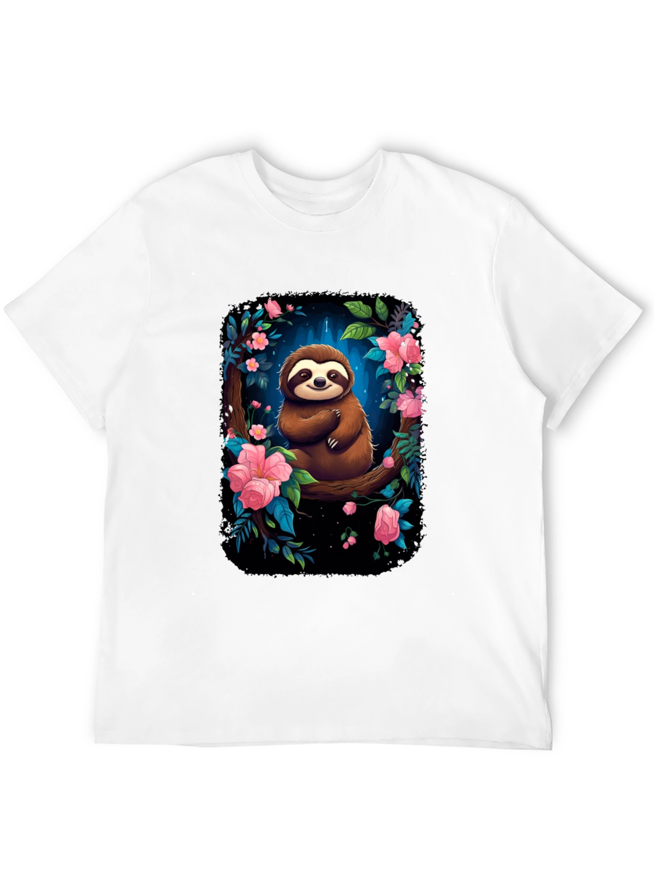 Sloth Floral Graphic Black T-Shirt