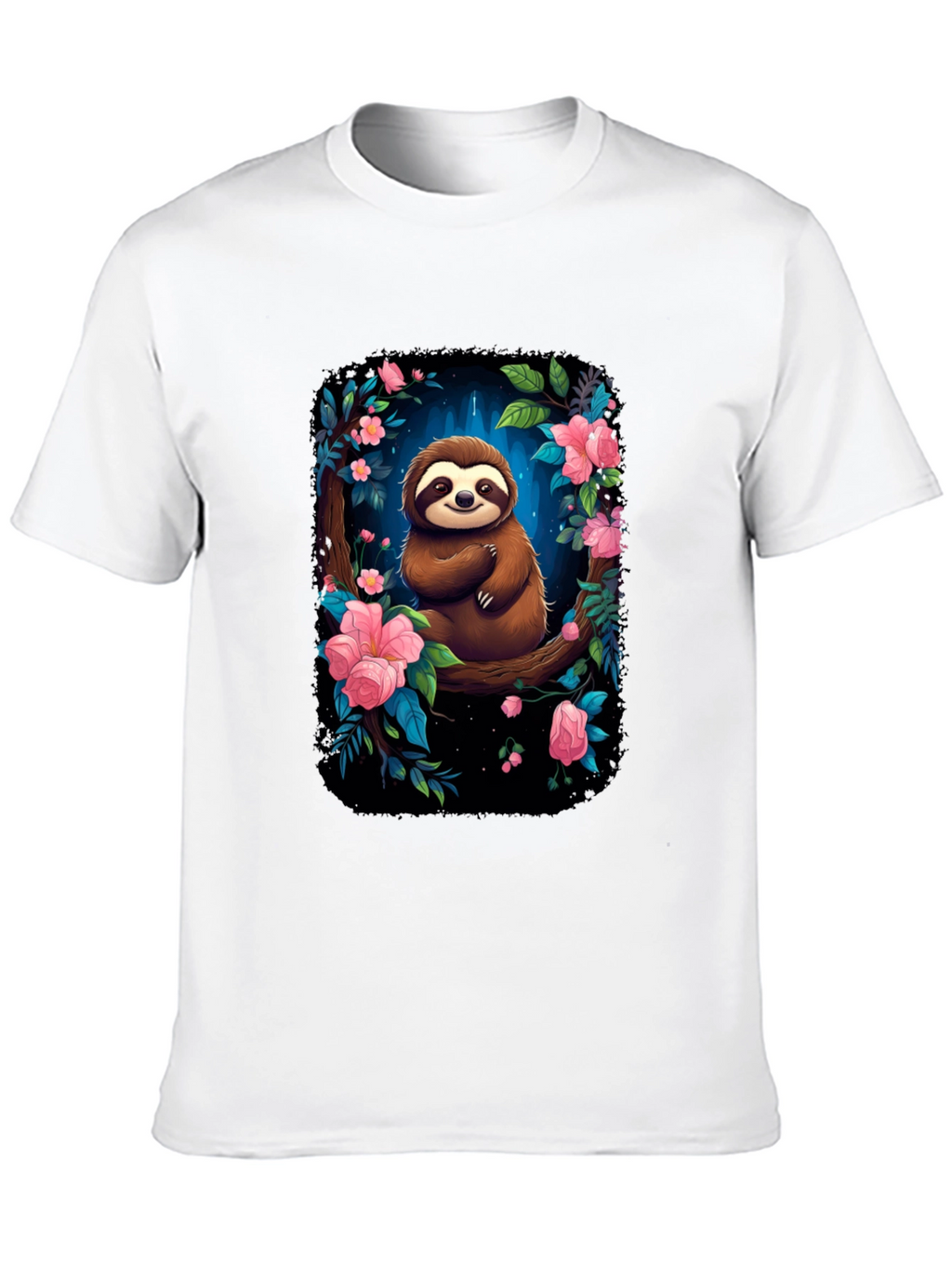 Sloth Floral Graphic Black T-Shirt