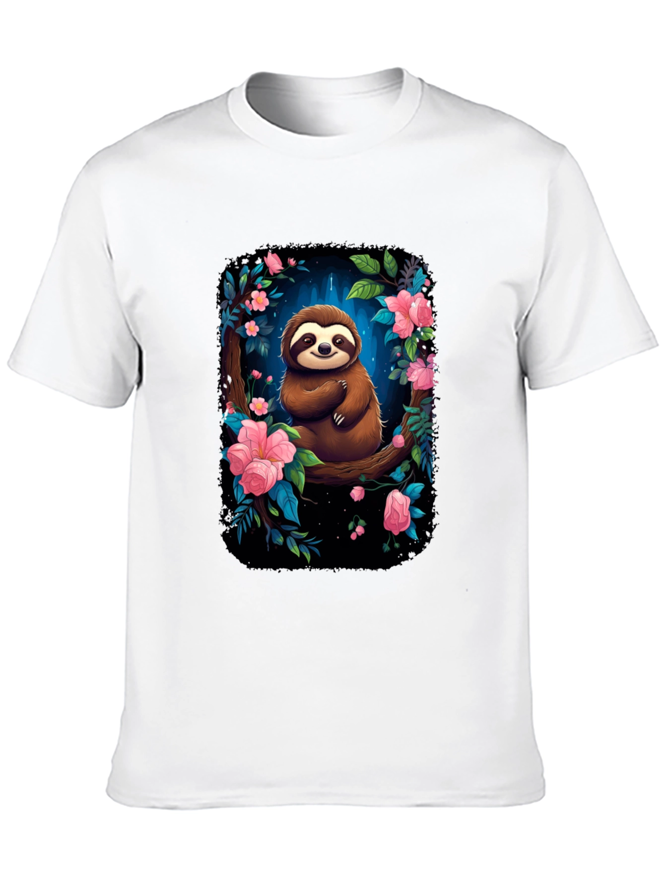 Sloth Floral Graphic Black T-Shirt