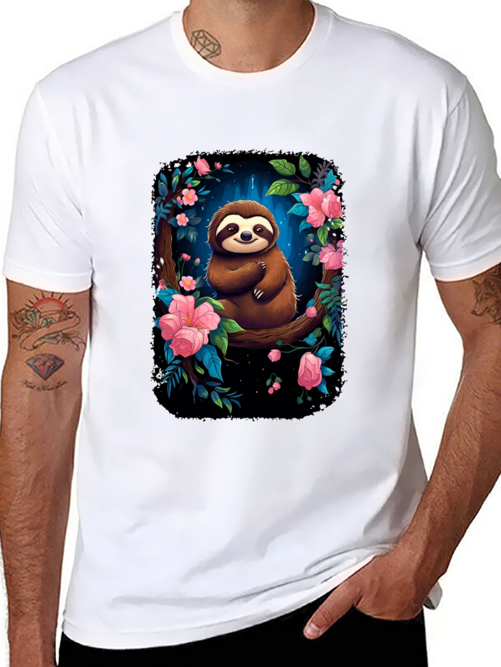 Sloth Floral Graphic Black T-Shirt
